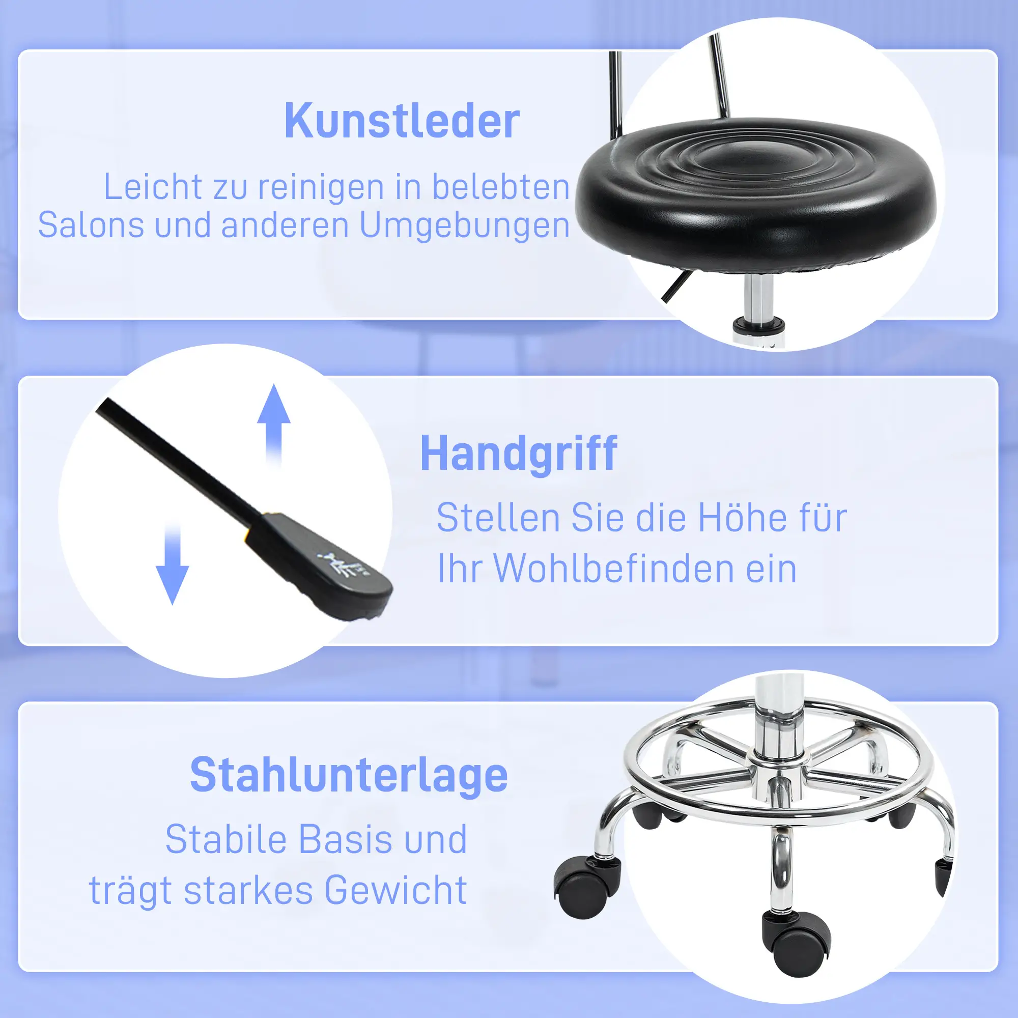 HOMCOM Rollhocker mit Lehne & Fußstütze, höhenverstellbar, Schwarz