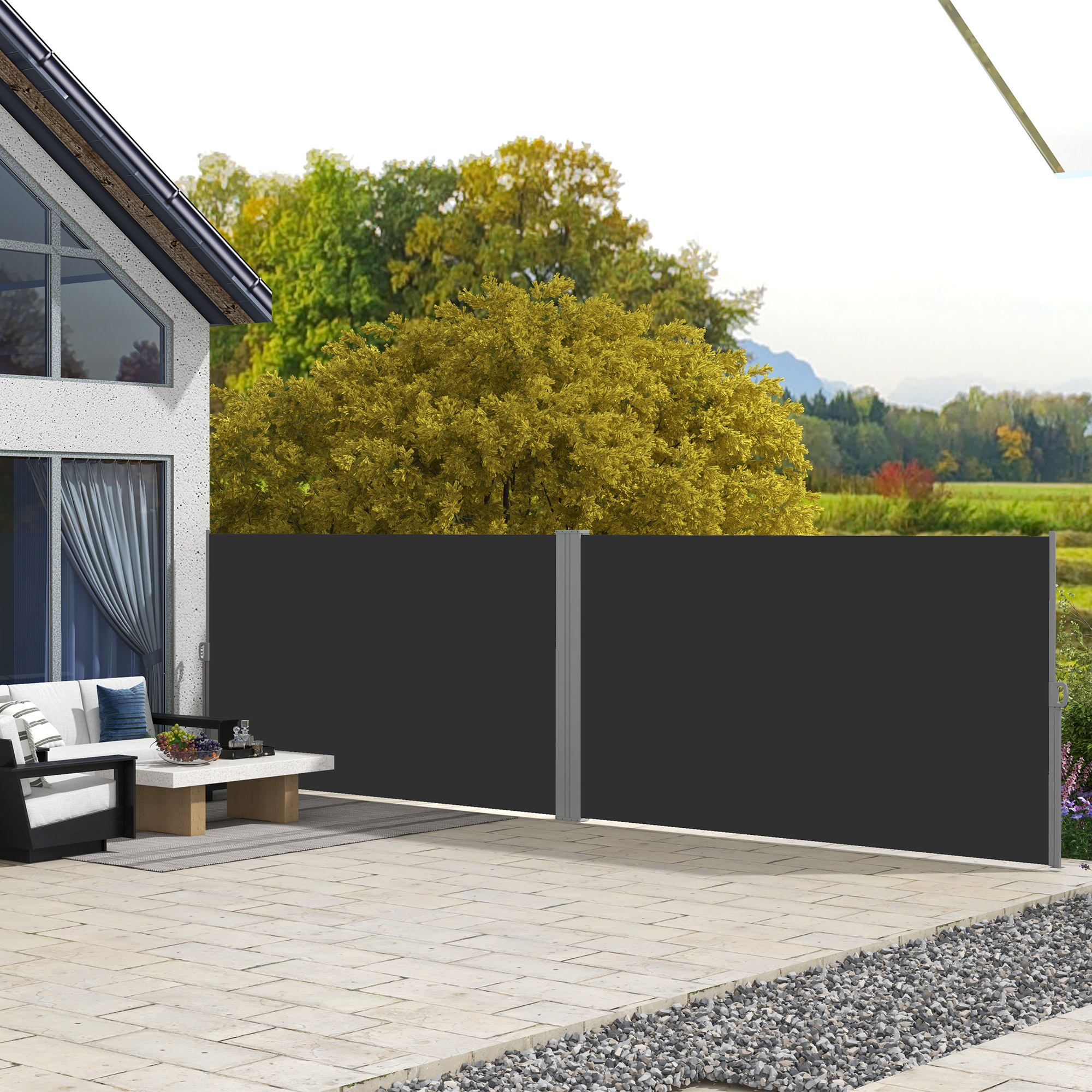 Outsunny Doppelter seitlicher ausziehbarer Sichtschutz Paravent dim. 6L x 1,80H m Polyester Anti-UV Grau und Schwarz
