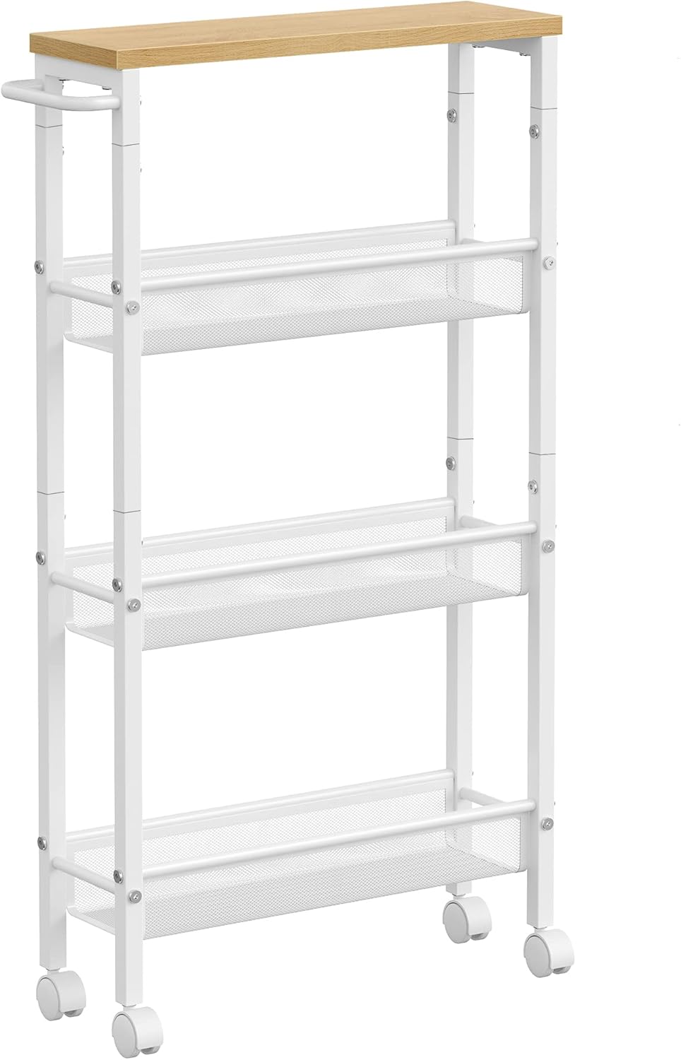 VASAGLE Carrello a 4 Ripiani, Carrello Cucina Salvaspazio con Ruote, Struttura in Acciaio, Maniglia, Carrellino Piccoli Spazi, Bagno Salotto Studio, Beige Rovere e Bianco LRC032W09