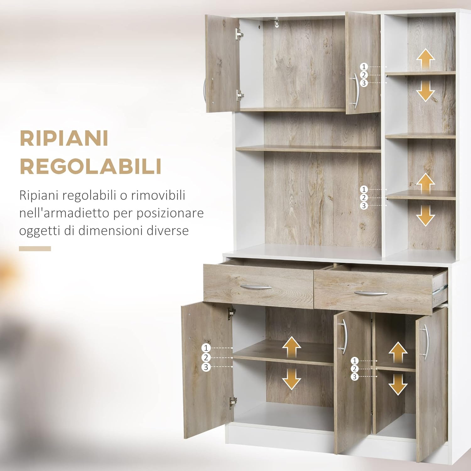 HOMCOM Mobile Buffet Dispensa Cucina, Ante Cassetti e Vani Aperti, 100L x 39P x 181.5Acm Bianco e Legno