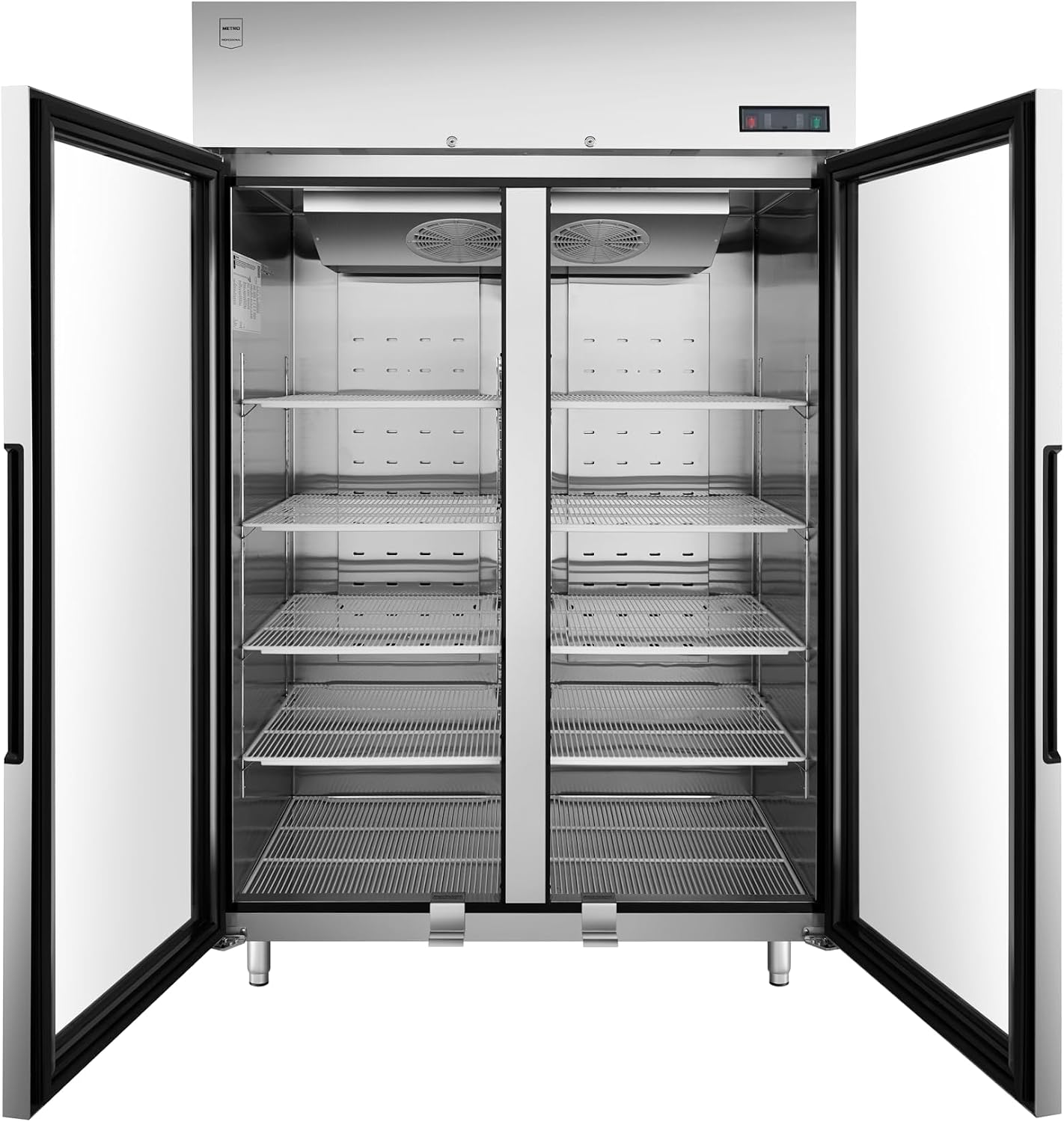 METRO Professional Congelatore a Doppia Porta in Vetro GFR1400G, 906L, 10 Ripiani, Illuminazione LED, Serratura, Argento