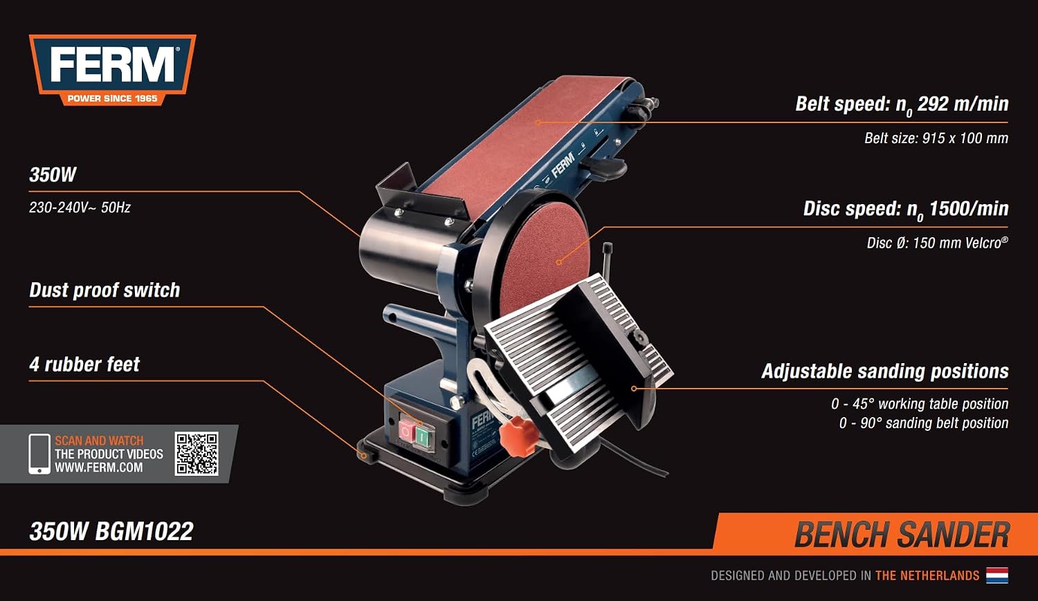 FERM Levigatrice da Banco Combinata 350W - 150mm. Include 2 Nastri Abrasivi (G80 e G120) e 2 Dischi Abrasivi (G80 e G120)