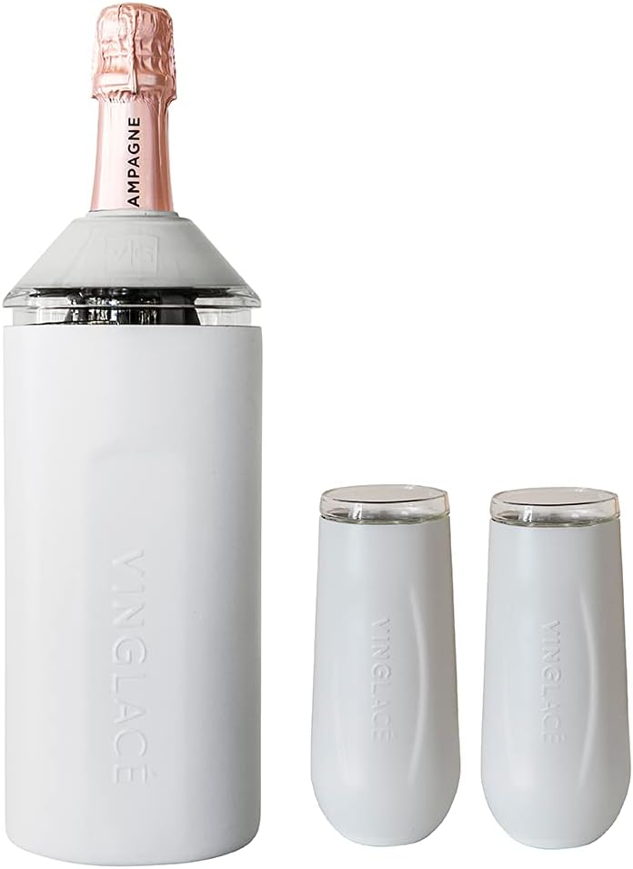 Vinglacé Champagne Bottle Chiller Gift Set- Portable Stainless Steel Sparkling Wine Cooler with 2 Stemless Champagne Flutes, White