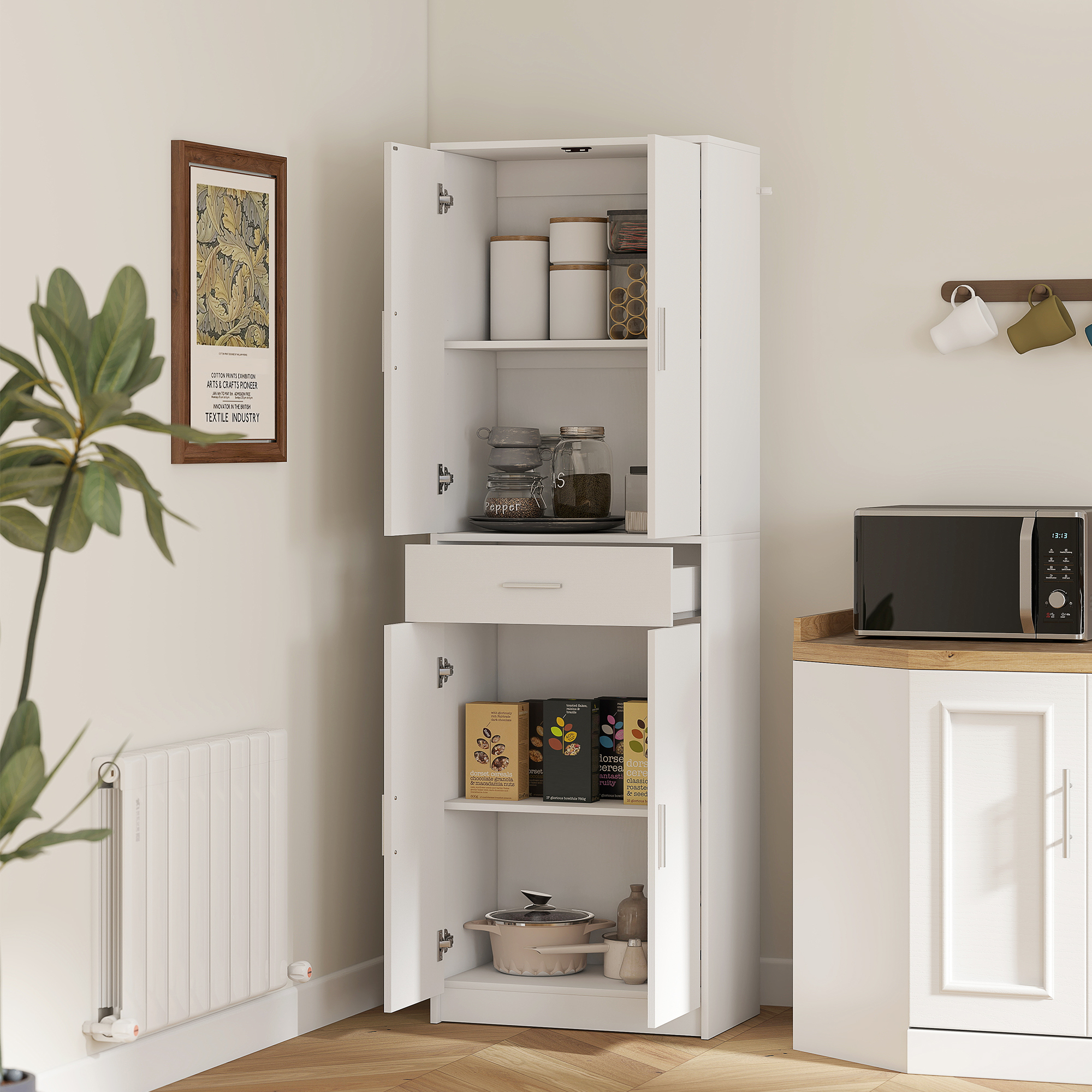 HOMCOM Küchenschrank, 3-stufig verstellbare Regale, Spanplatten, MDF, viel Stauraum, Weiß