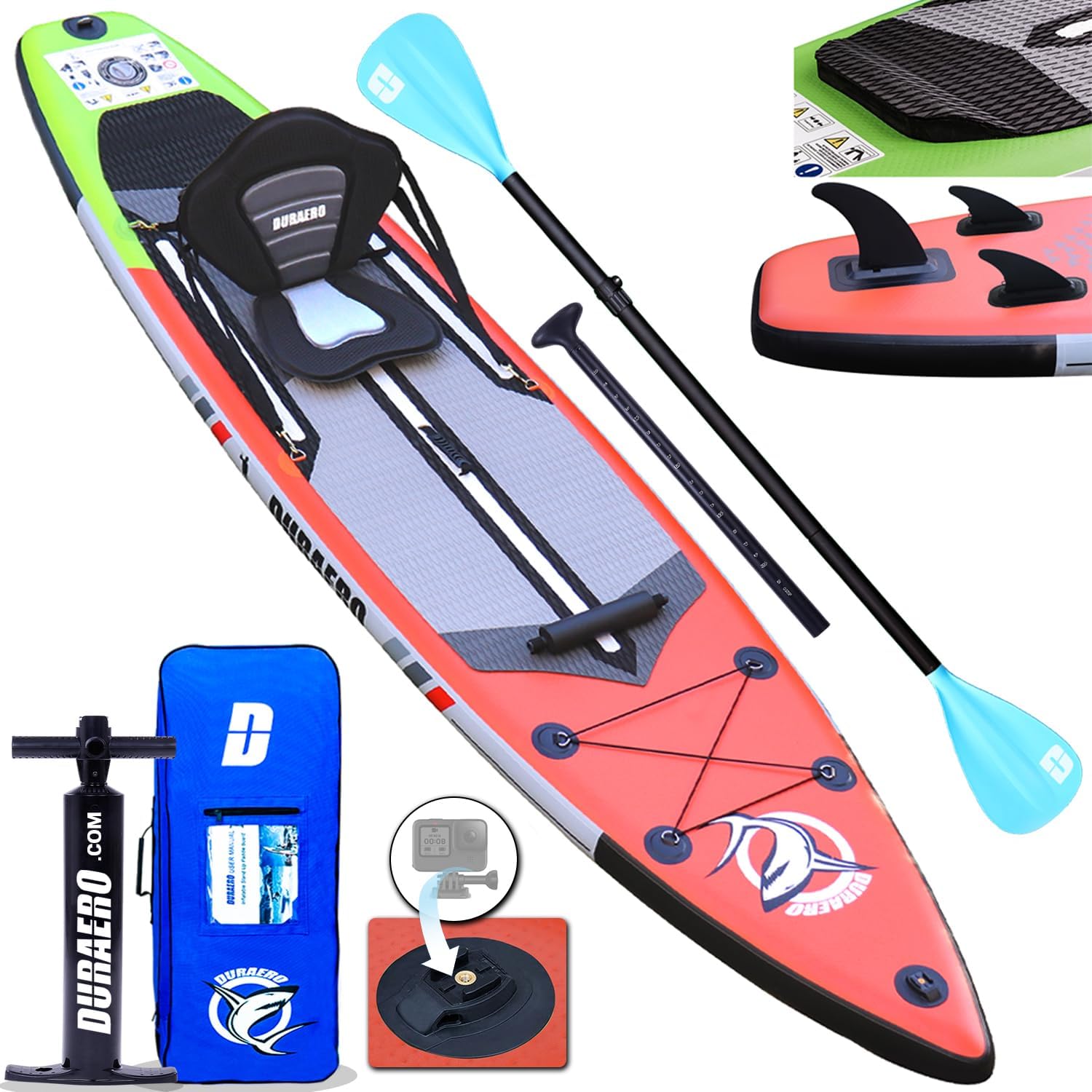 Tavola gonfiabile da Stand Up Paddle, seduta kayak, 330 x 76 x 15 cm, portata fino a 150 kg, supporto per cam, pad integrato 3 pinne, doppia pagaia regolabile, accessori completi (Rosso)