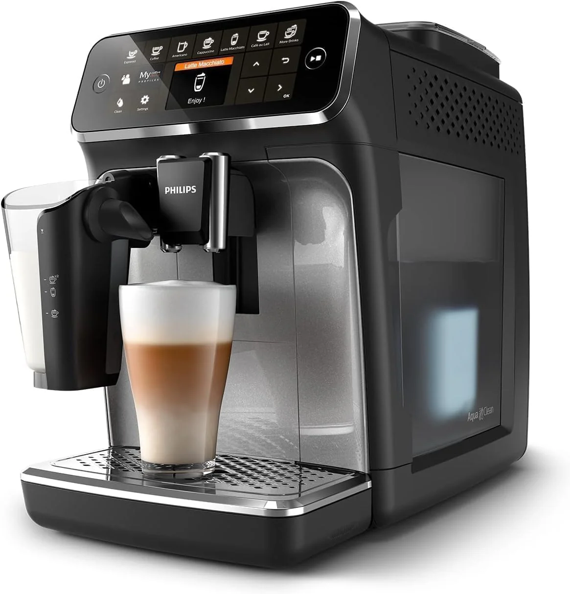 The 4400 series Rattolgo automatic Italian coffee machine features silent brewing technology and quick start-up. The fragrant coffee made from freshly ground coffee beans offers 12 hot and cold beverages, with a black chrome finish.