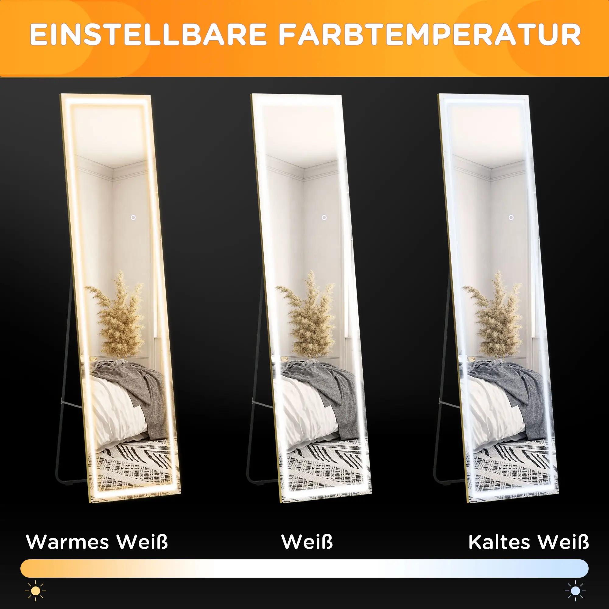 HOMCOM Standspiegel LED dimmbar 3 Lichtfarben wandmontierbar