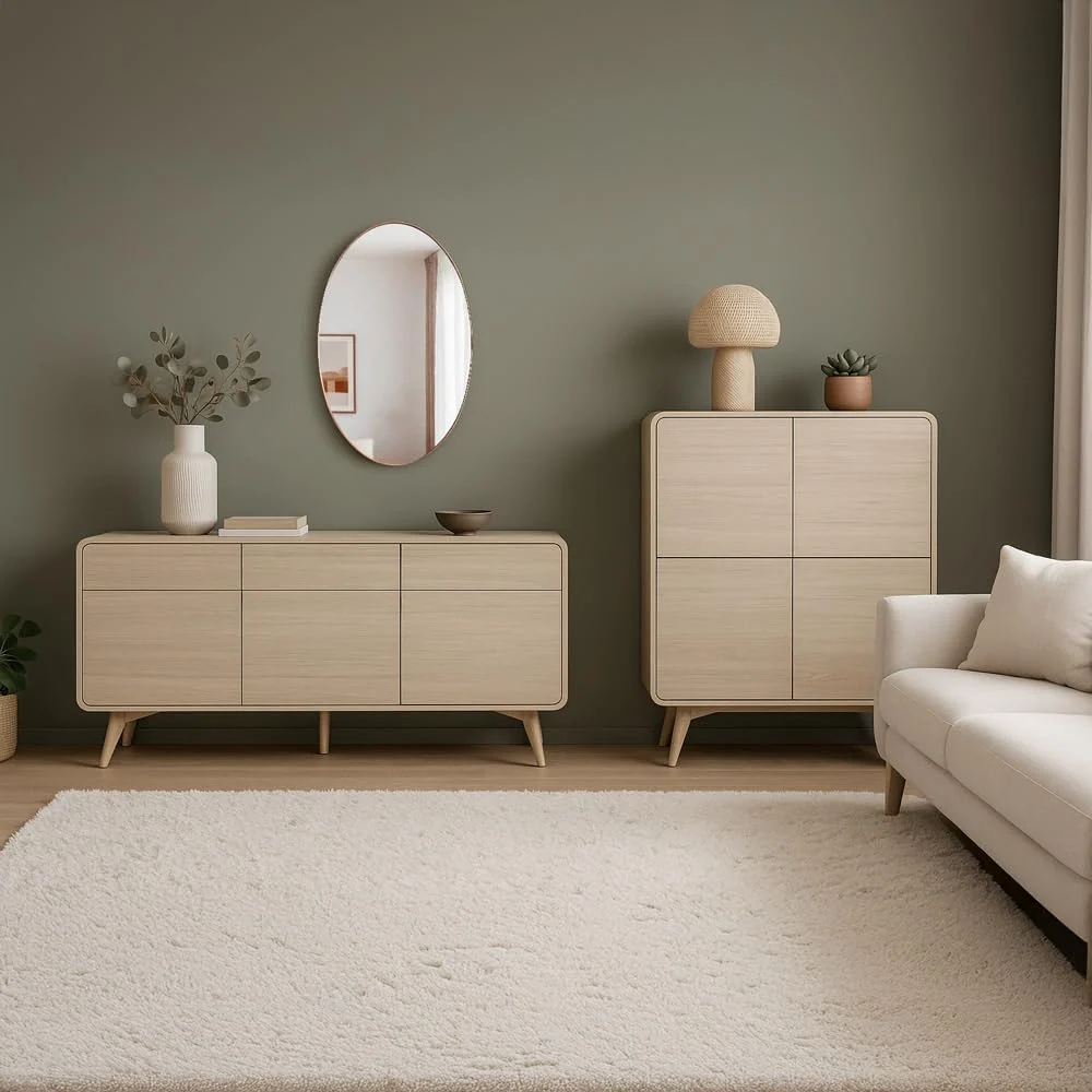Lomadox Wohnmöbel Set in Eiche minimalistisches Design, 2-teilig, Kommode, Schrank, Sideboard & Highboard, Esszimmermöbel, Hochkommode, Anrichte