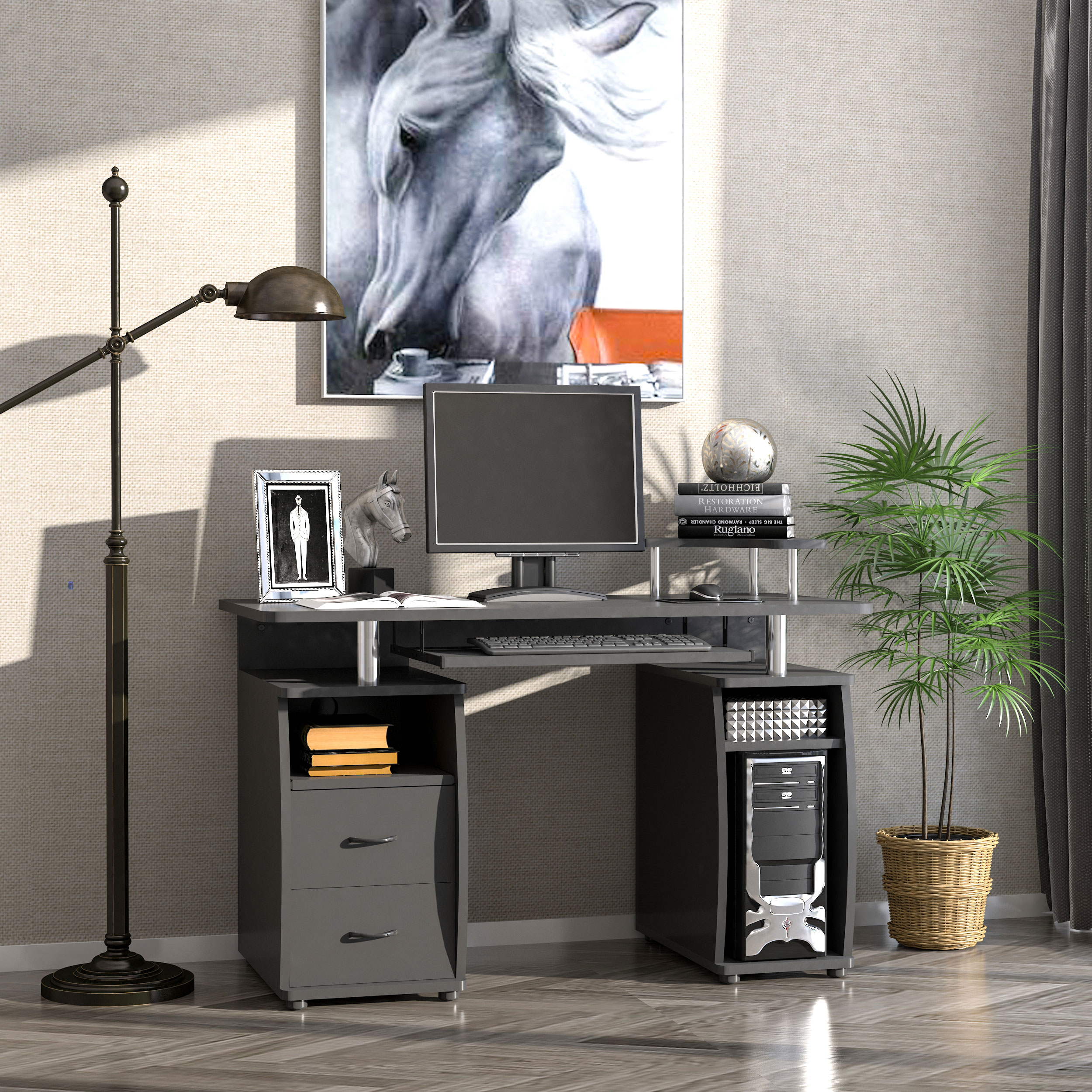 HOMCOM Computertisch Schreibtisch Bürotisch PC Tisch Arbeitstisch Home Office reichlich Stauraum 2 Schubladen Druckregal Schwarz 120 x 55 x 85 cm