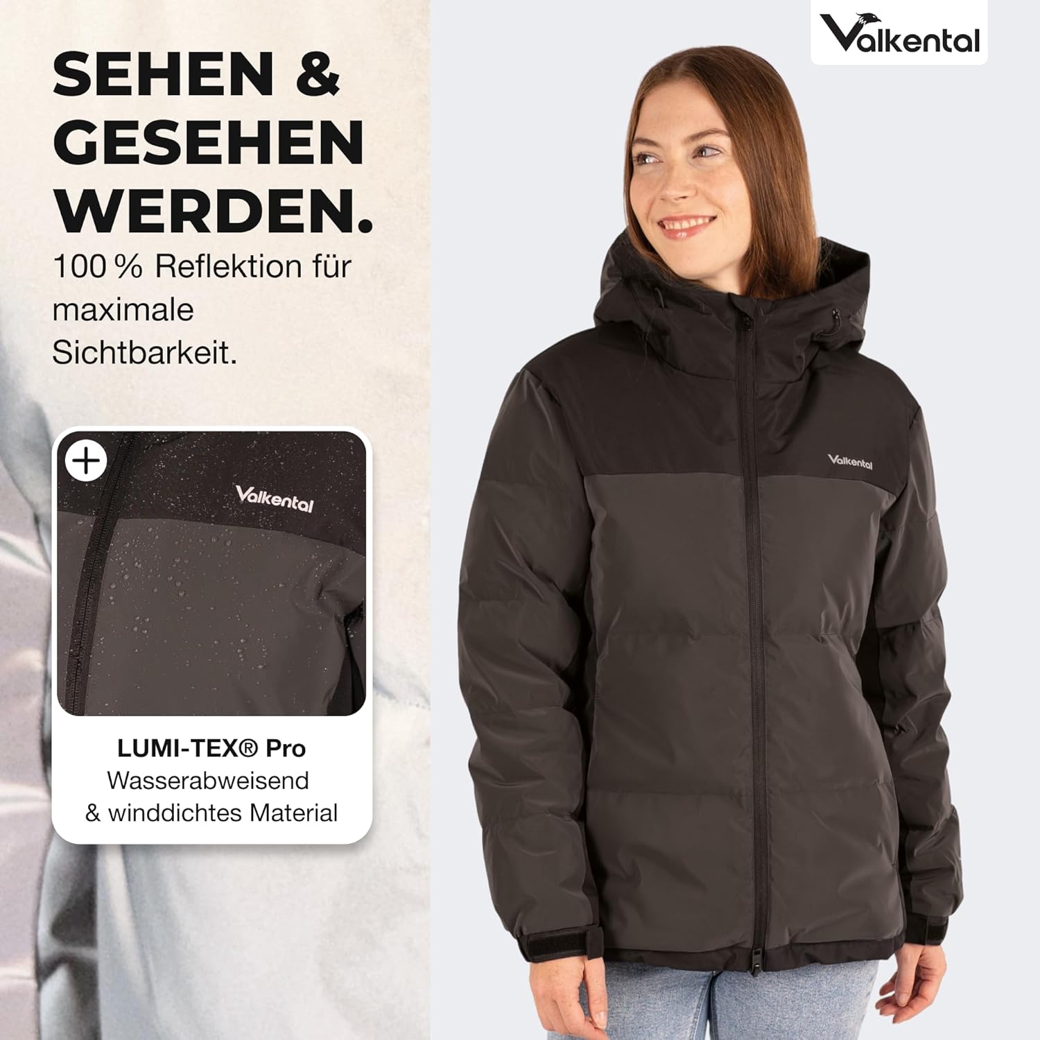 Valkental - Reflektierende Daunenjacke für Damen [VOLL REFLEKTIEREND] - Leichte Winterjacke mit Daunen für Frauen - Wasserabweisende LUMI-TEX Reflektor Winter Jacke - Sichtbarkeit im Dunkeln
