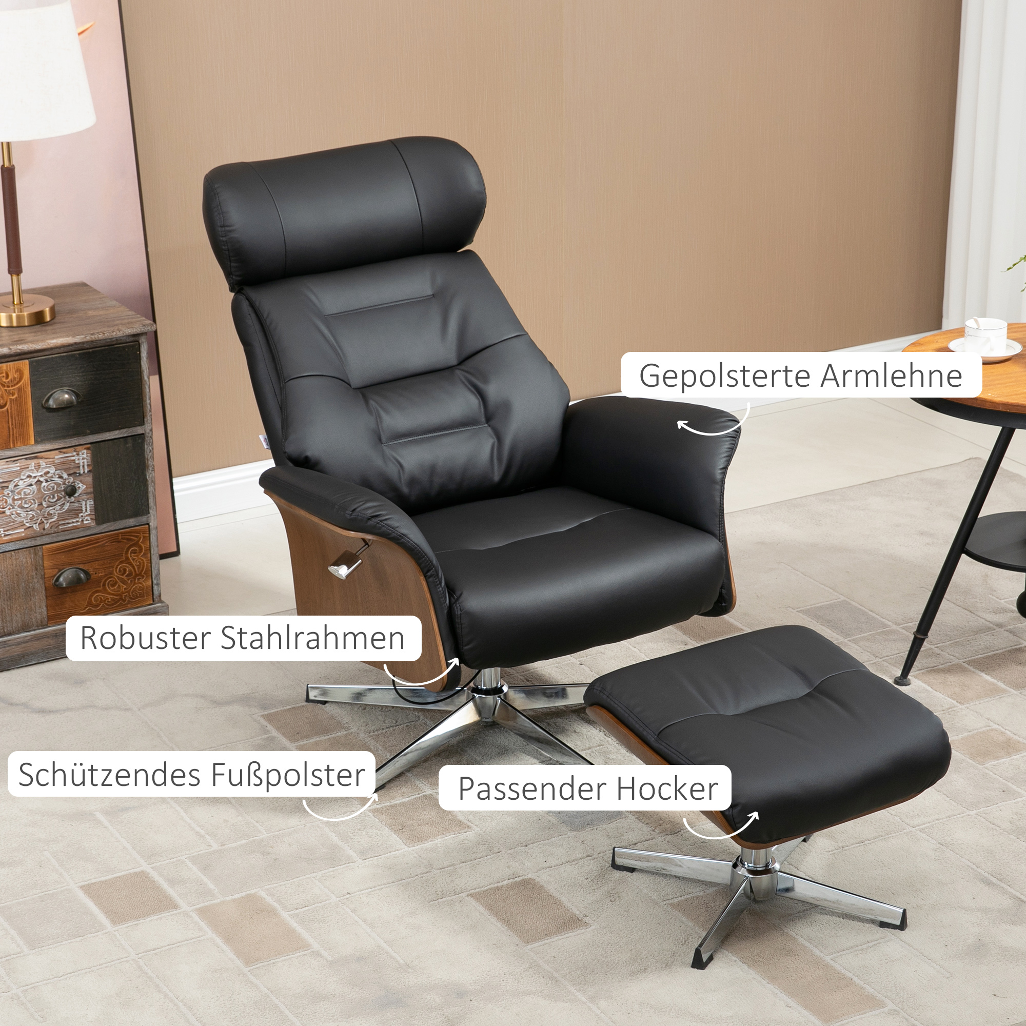Fauteuil met voetenbank, 360° draaibaar, ligfunctie, leesstoel, zwart, 80 x 84 x 108 cm