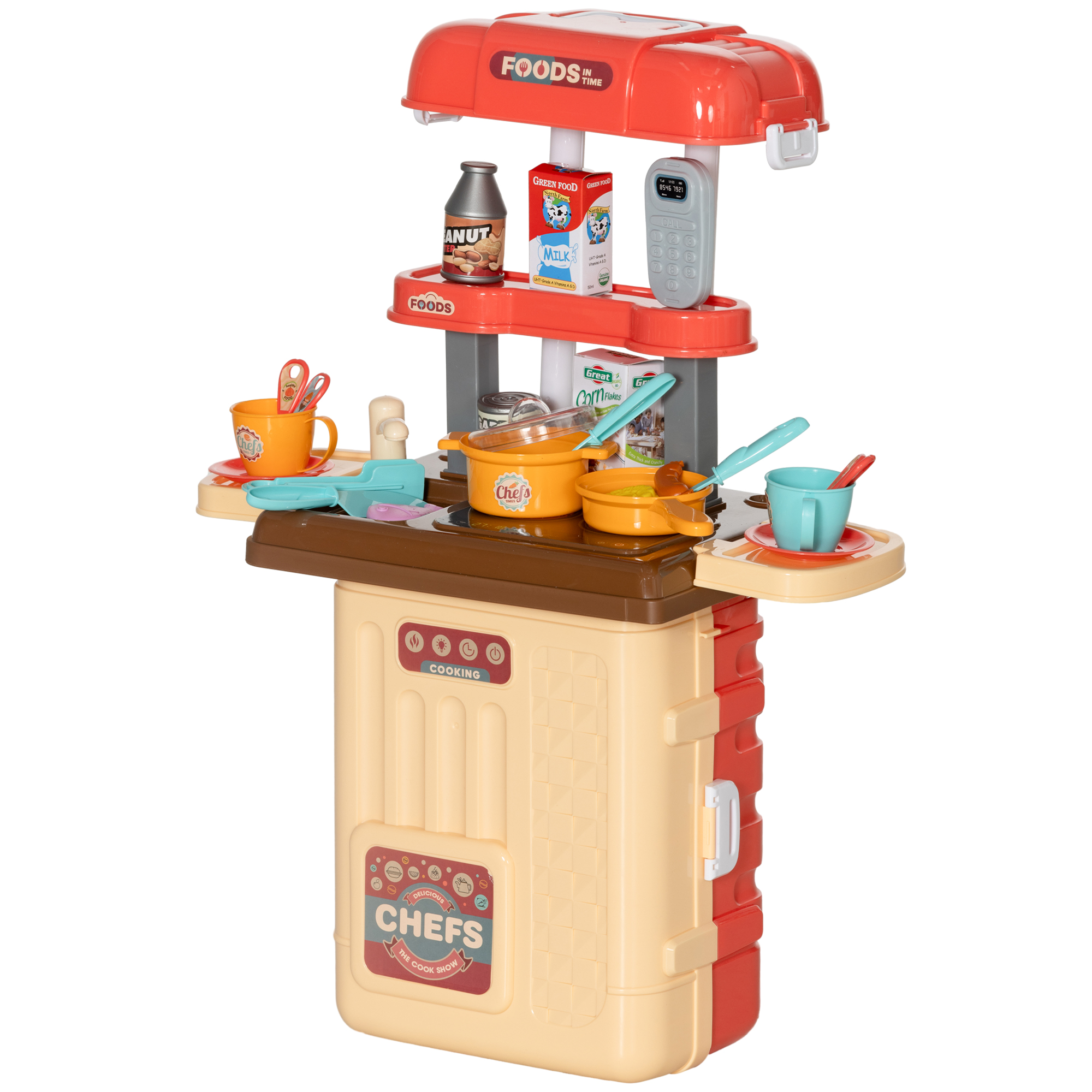 AIYAPLAY Kinder Spielküche 3 in 1 mit 36 Teilen inkl. Bestecktisch, Esstisch und Wagen, aus PP und ABS, 48x26x64 cm