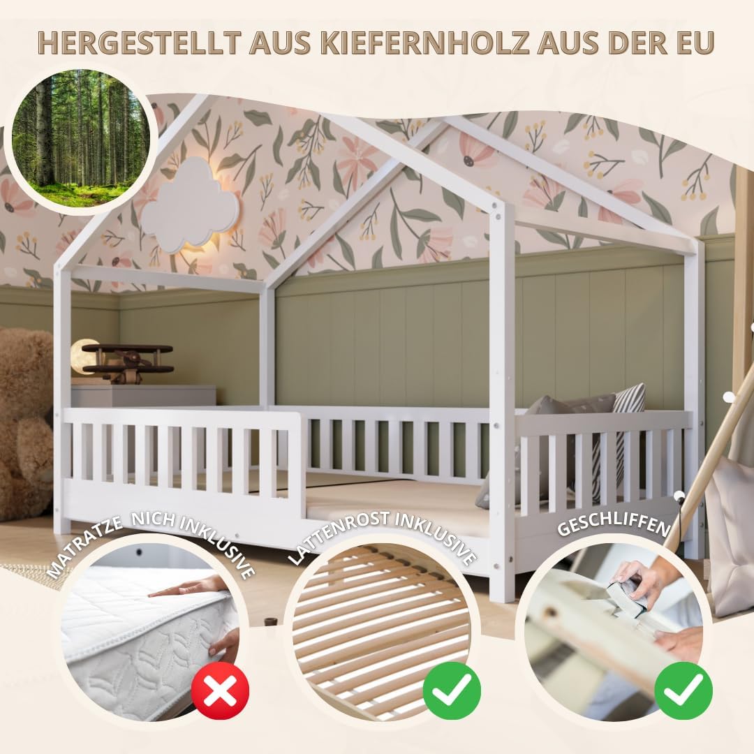 Crazy Pine Hausbett mit Schubladen 200x90 cm – Kinderbett aus Naturholz mit Rausfallschutz – Montessori Bodenbett mit zusätzlichen Stauraum und und Abnehmbarer Barriere - Crazy House