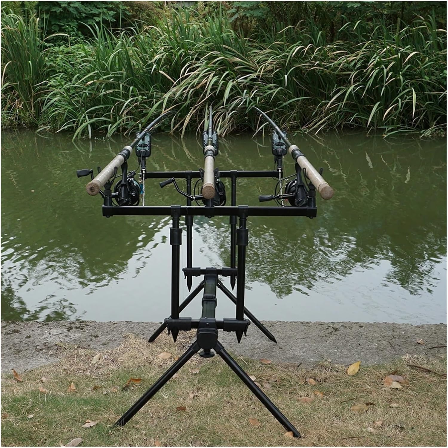 3-Rod Carp Fishing Rod Pod Set with Telescopic Bank Sticks & Adjustable Buzz Bars