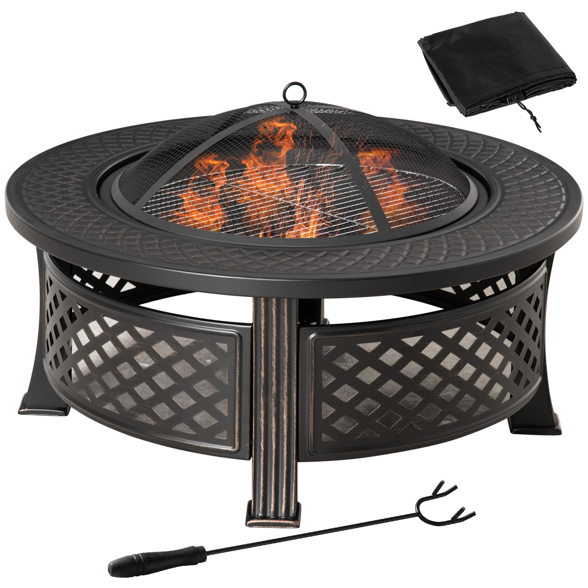 vuurschaal met pook vonkenbescherming vuurkorf vuurtafel ronde vuurkorf voor in de tuin camping BBQ staal zwart 81 x 81 x 50 cm