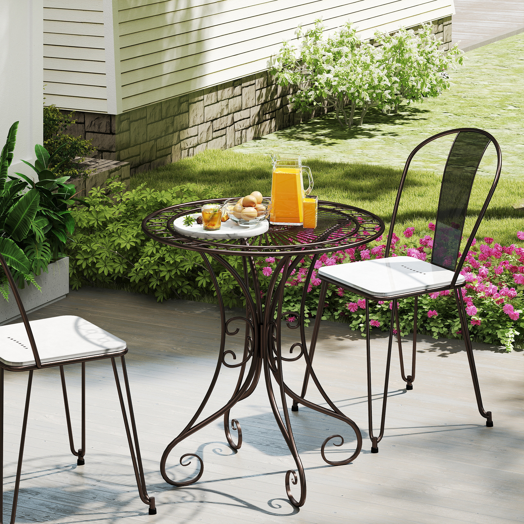 Outsunny Gartentisch rund Ø 85 cm, Terrassentisch mit Metallrahmen, Belastung von 50 kg, für Innen und Außen, braun
