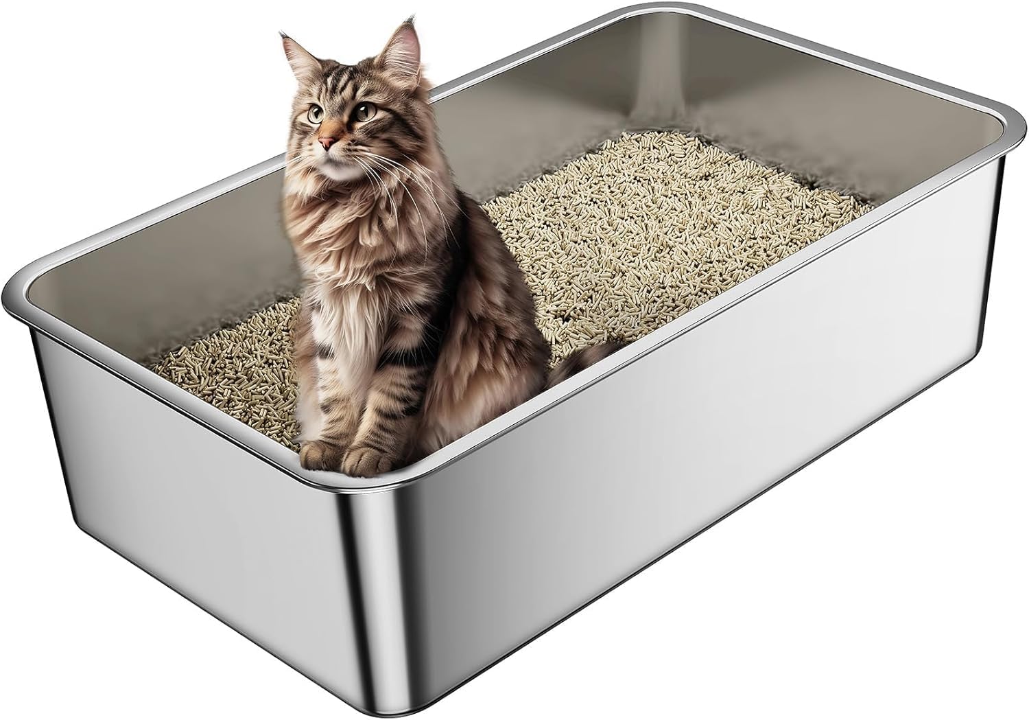 Lettiera per gatti in acciaio inox, grande XXL alta lettiera in metallo, antispruzzo, inodore e antiaderente, facile da pulire adatta per gatto grandi, piccoli e conigli, spaziosa 60x40x15cm