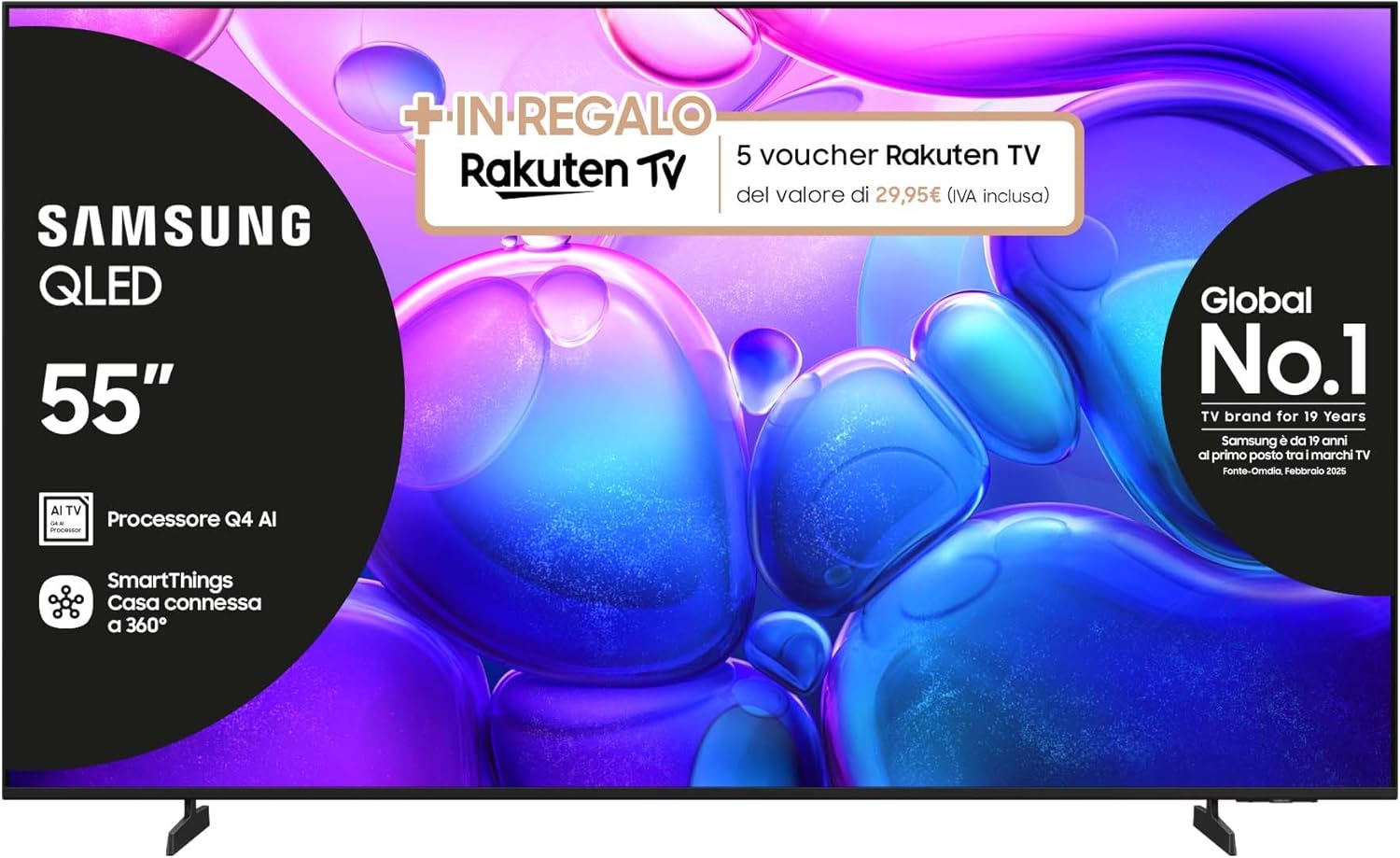 Samsung QLED 4K Vision AI Smart TV 55'' QE55Q6FAAUXZT, Q4 Lite Processor, 4K AI Upscaling, Art Store, OTS Lite & Adaptive Sound, Metal Stream Design, PACCHETTO INTRATTENIMENTO, 2025