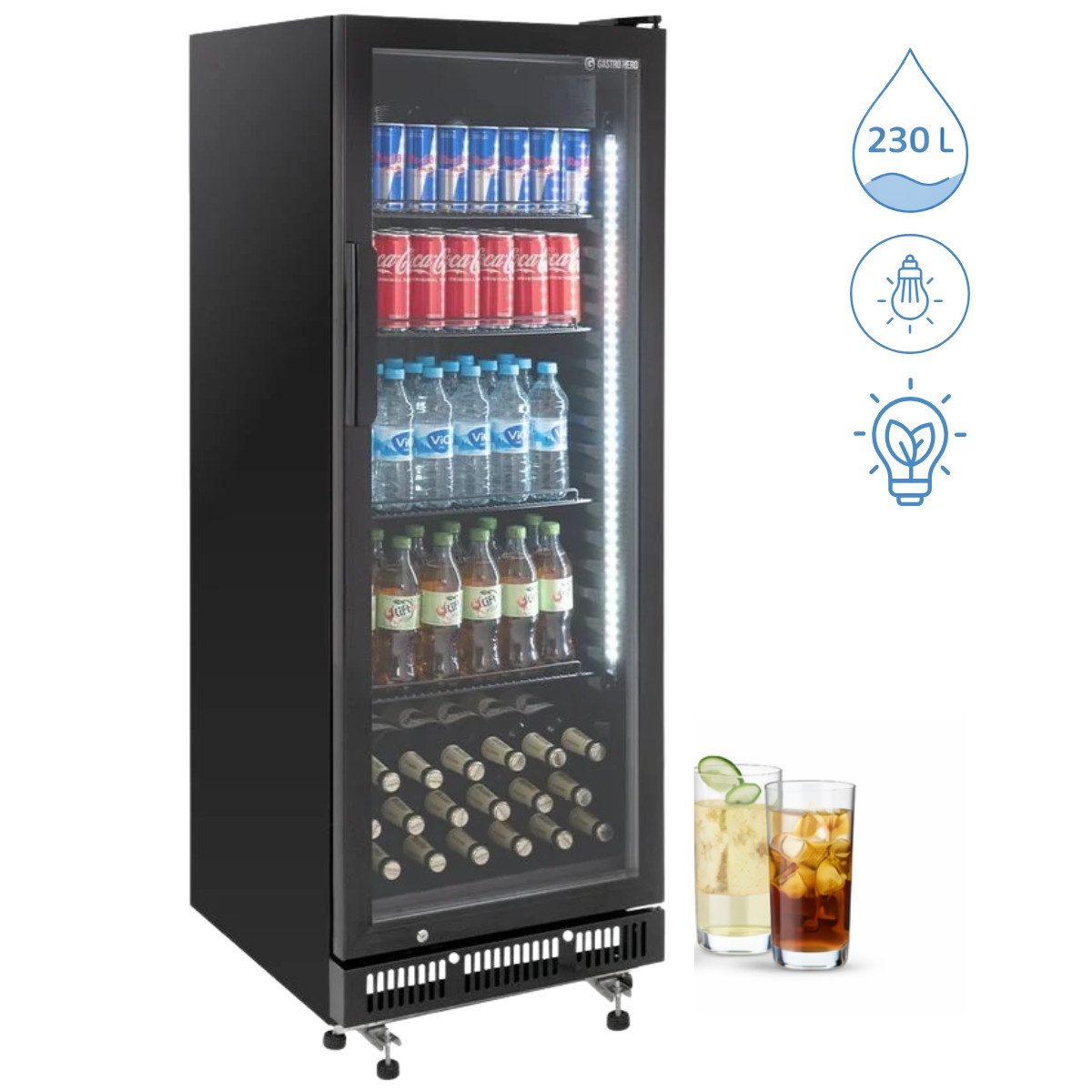 Getränkekühlschrank GKS-230 Flaschenkühlschrank, Glastür & LED, abschließbar schwarz