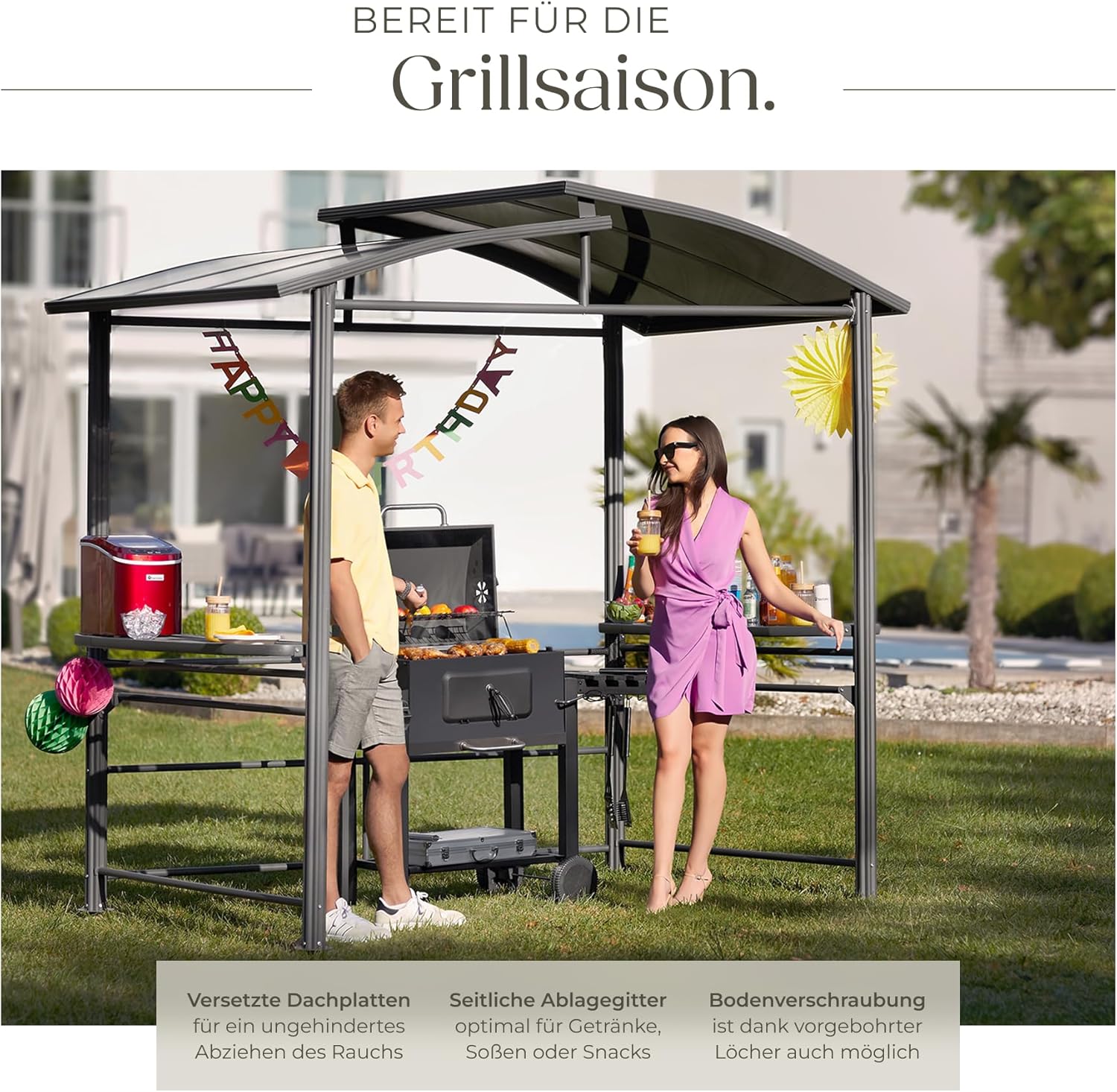tectake® Outdoor Grillpavillon, Überdachung für Grill, Metall Pavillon für Outdoorküche auf Balkon, Garten oder Terrasse, Sichtschutz, Terrassenüberdachung, Gartenpavillon 240 x 150 x 234 - grau