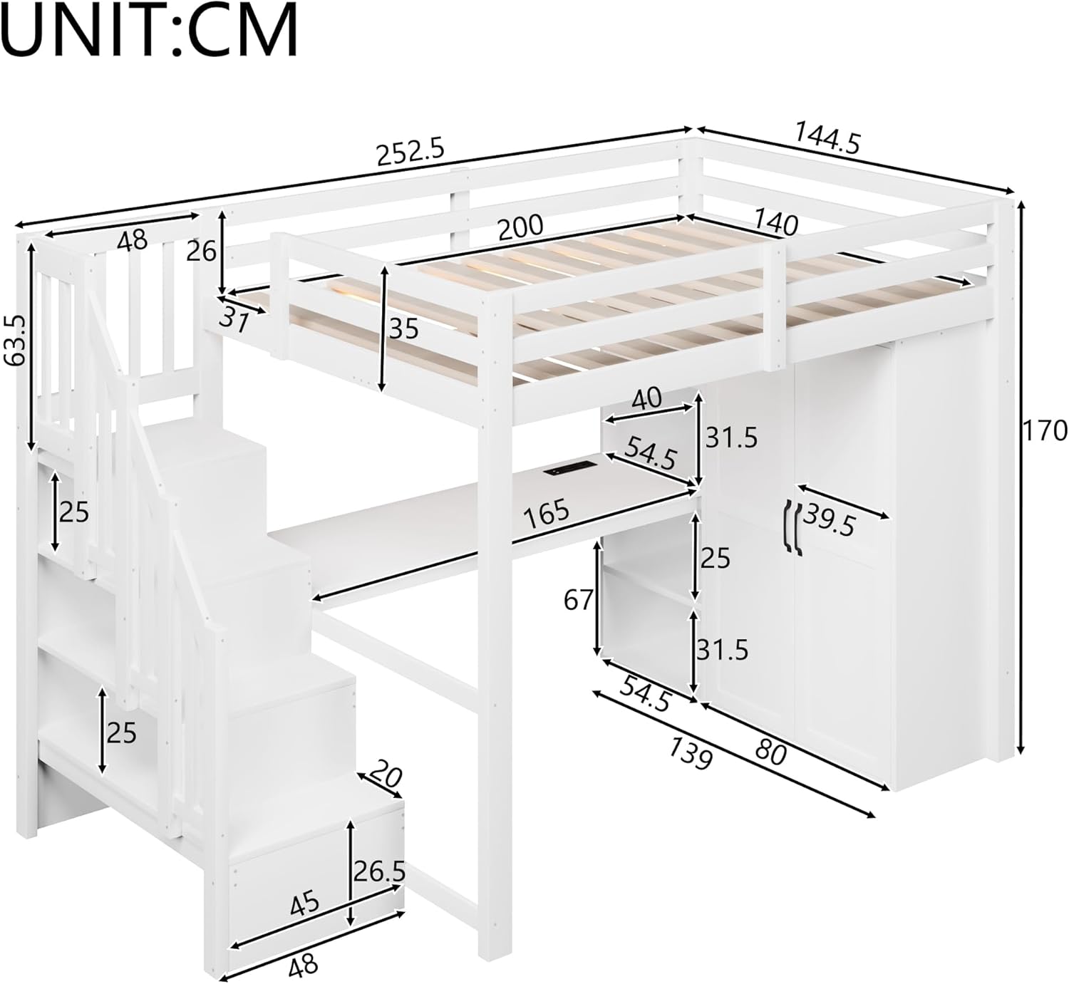 140x200 Hochbett mit Schreibtisch und Regal, Kleiderschrank, Stauraumtreppe, USB und LED-Leuchten, Weiß