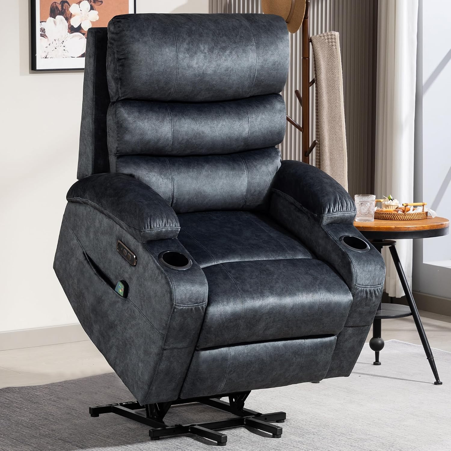 Consofa Relaxsessel, Grau, mit Liegefunktion, Fernsehsessel mit Aufstehhilfe Elektrisch, Massagesessel mit Wärmefunktion