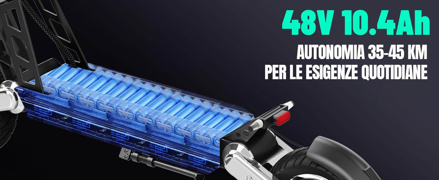 Pacco batteria per scooter elettrico, illuminazione blu, capacità 48V 10.4Ah. Il testo indica un'autonomia di 35-45 km per l'uso quotidiano. Telaio e manubrio dello scooter parzialmente visibili.