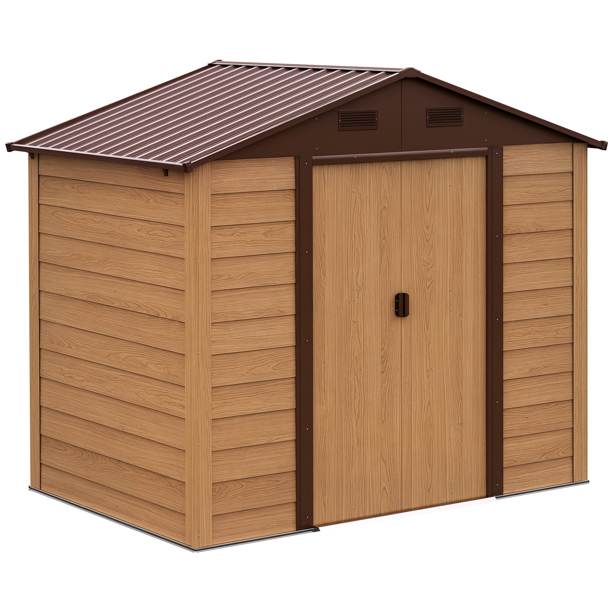 Outsunny Gartenschuppen Geräteschuppen Gerätehaus Gartenhaus mit Fenster, Schiebetüren, wetterfest Gartenhütte mit Holzoptik Stahl Braun 152 x 235,7 x 208,7 cm