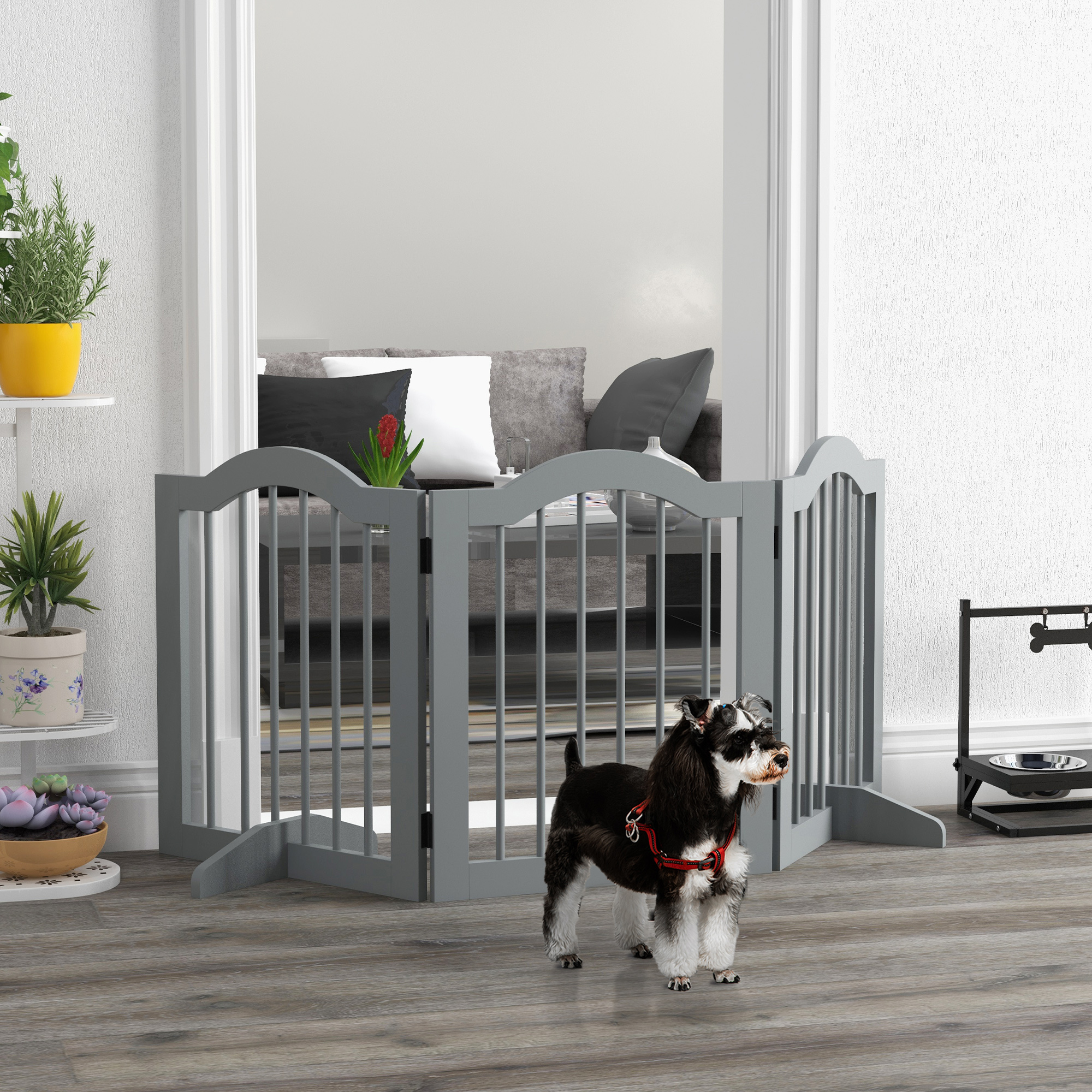 PawHut Absperrgitter Hund 3-teilig, 154,5 x 61 cm Faltbar Hundegitter mit Tür, 2 Stützfüßen Hellgrau