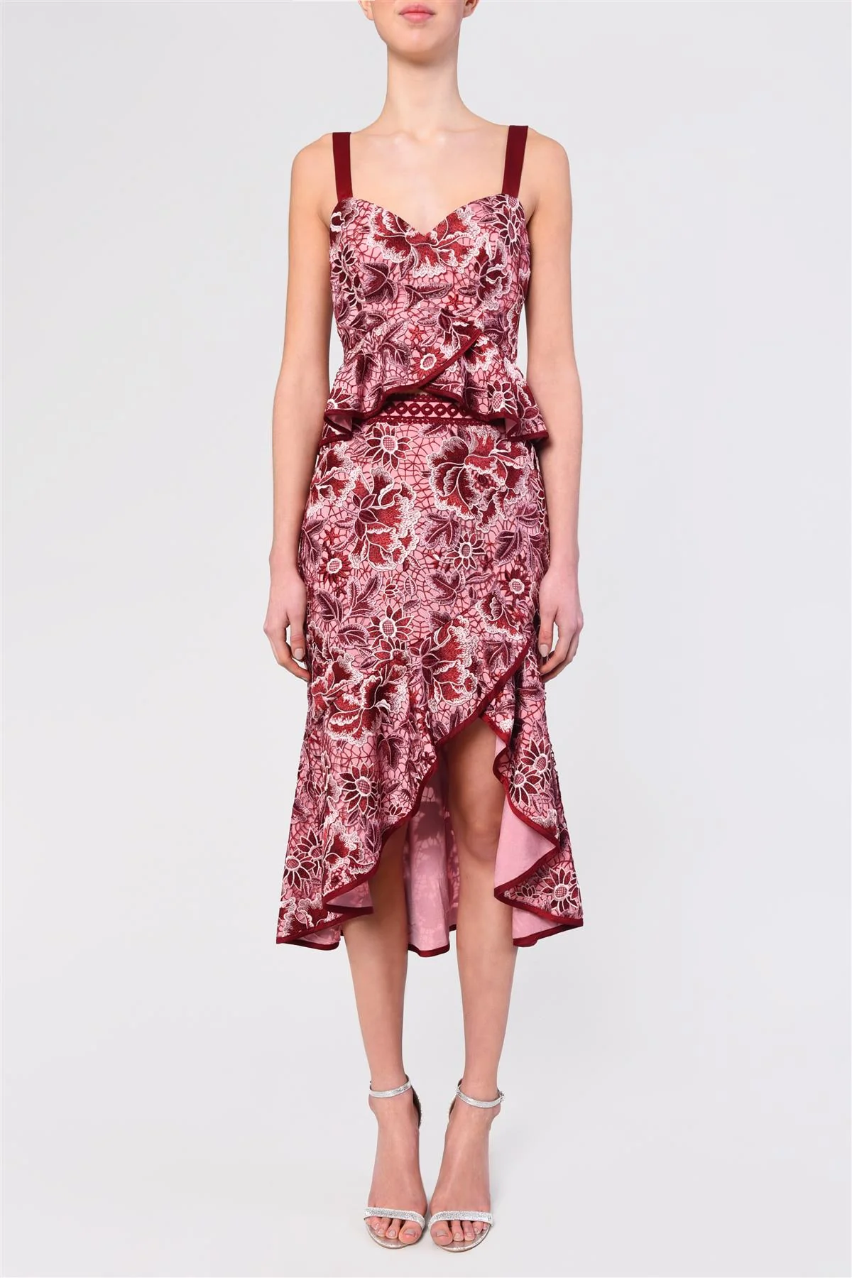 Felicity Pink Burgundy Lace Peplum Hi-Low Top