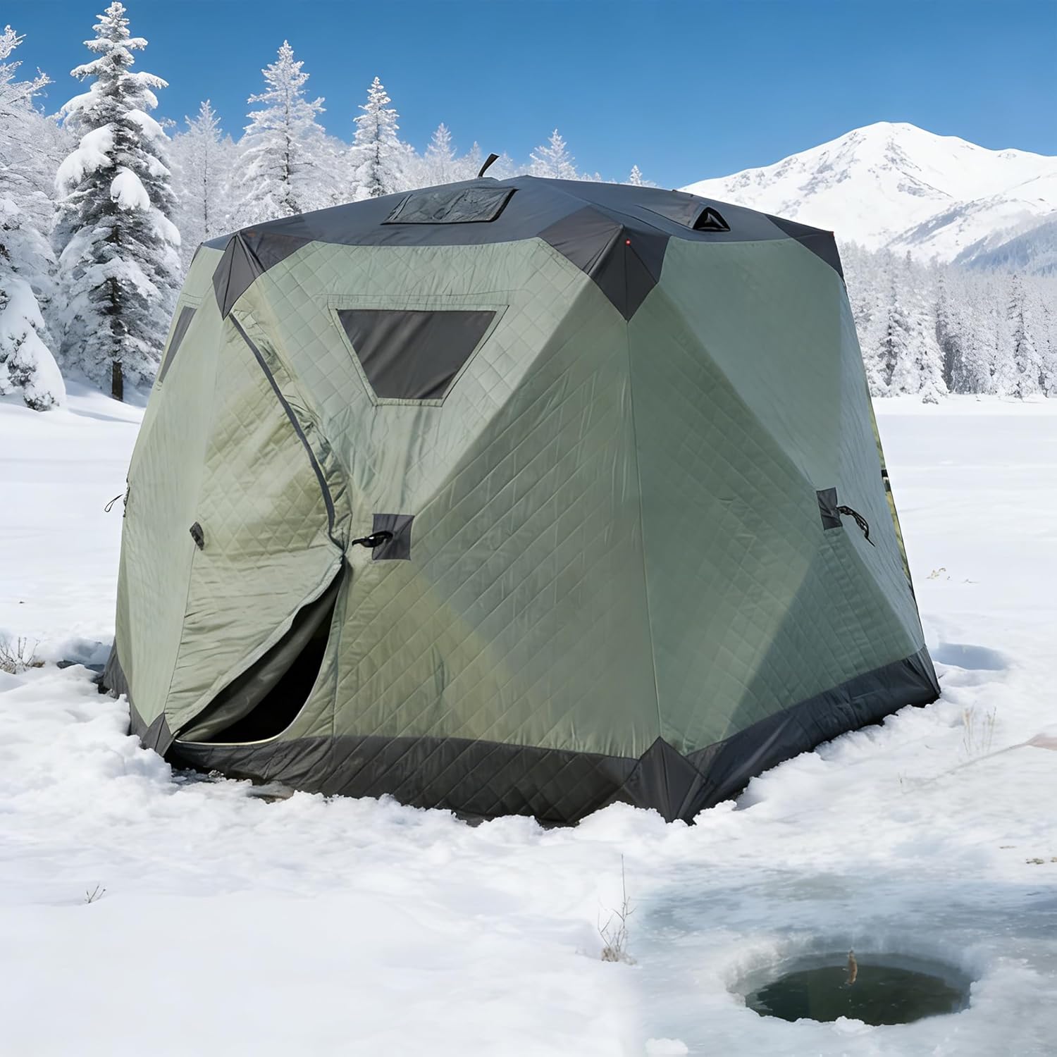 Sechseckiges Eisfisch-Zelt mit Isolierung - Pop-Up Eisangeln Hütte mit Schnellem Aufbau, 6-Seitiges Design mit Windschürze & Reißverschlusstür für Ganztägigen Einsatz