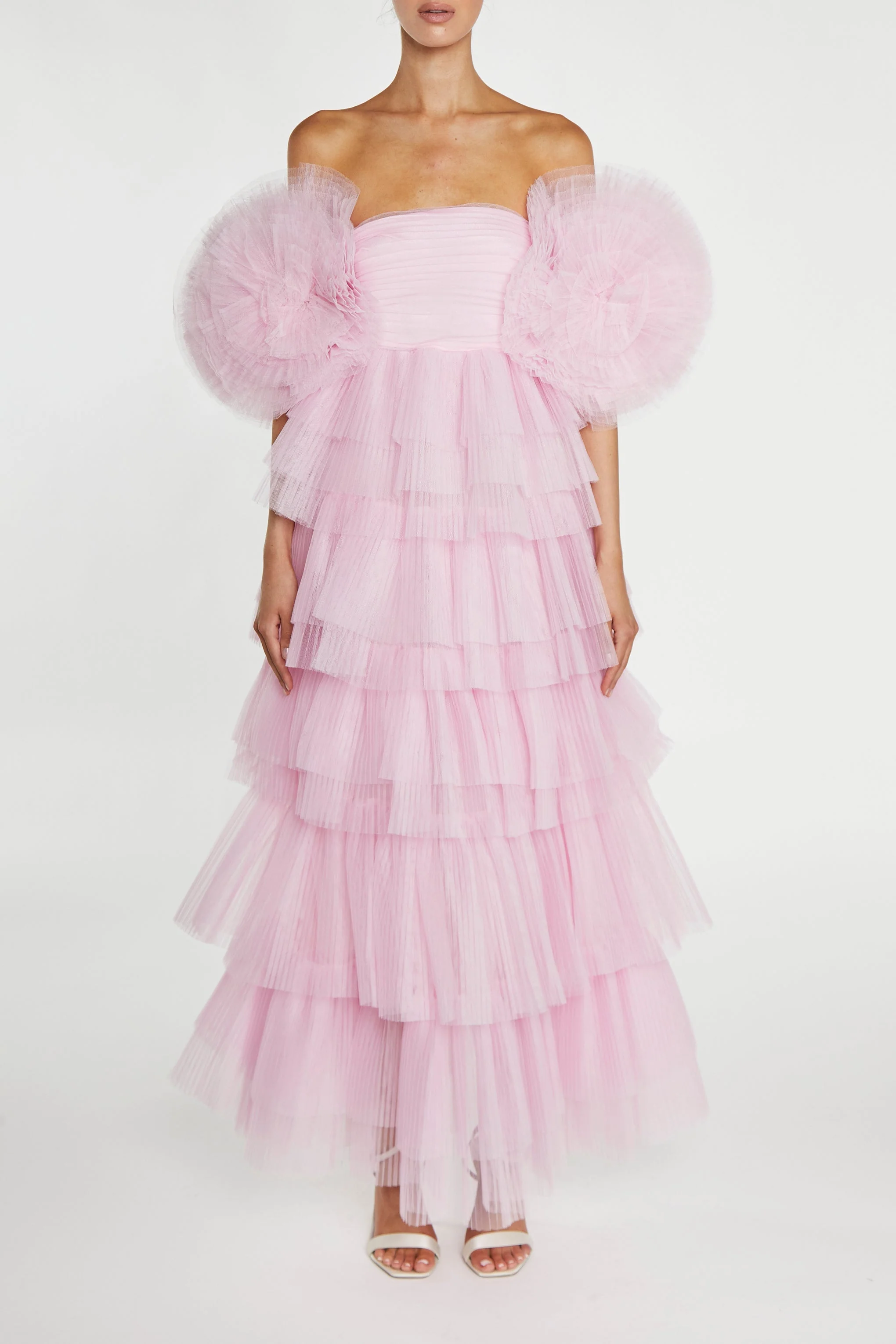 Nancy Powder Pink 3D Floral Sleeve Tiered Maxi Dress