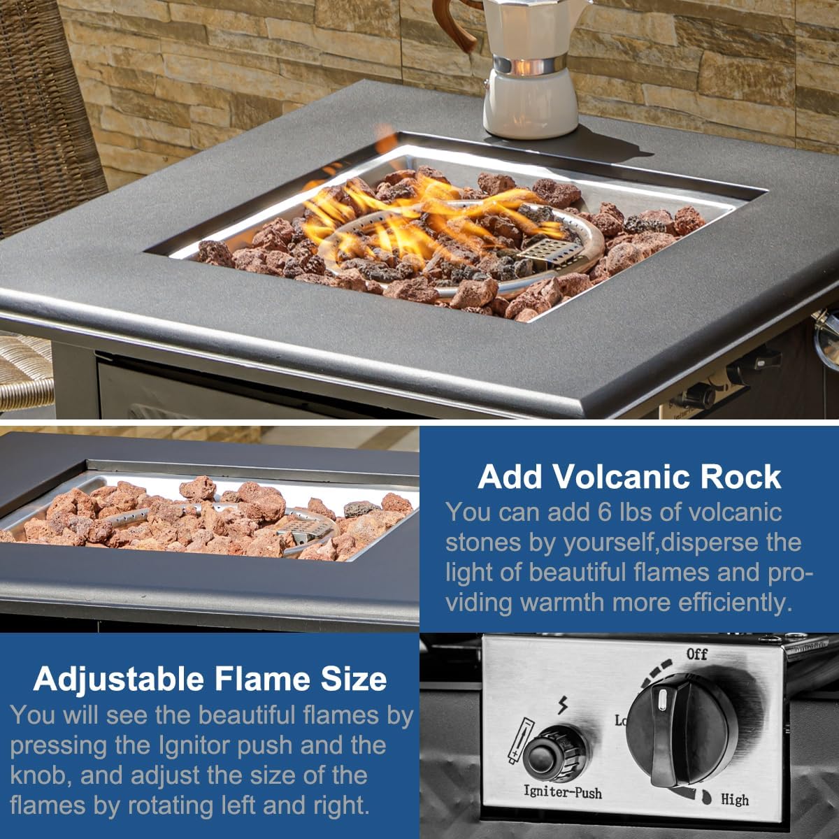 28 Inch Propane Fire Pit Table, 50,000 BTU Steel Gas Fire Pits for Outside,Outdoor Gas Firepit with Lid and Lava Rocks, Propane Firepit for Paito Garden Backyard,Add Warmth to Gatherings