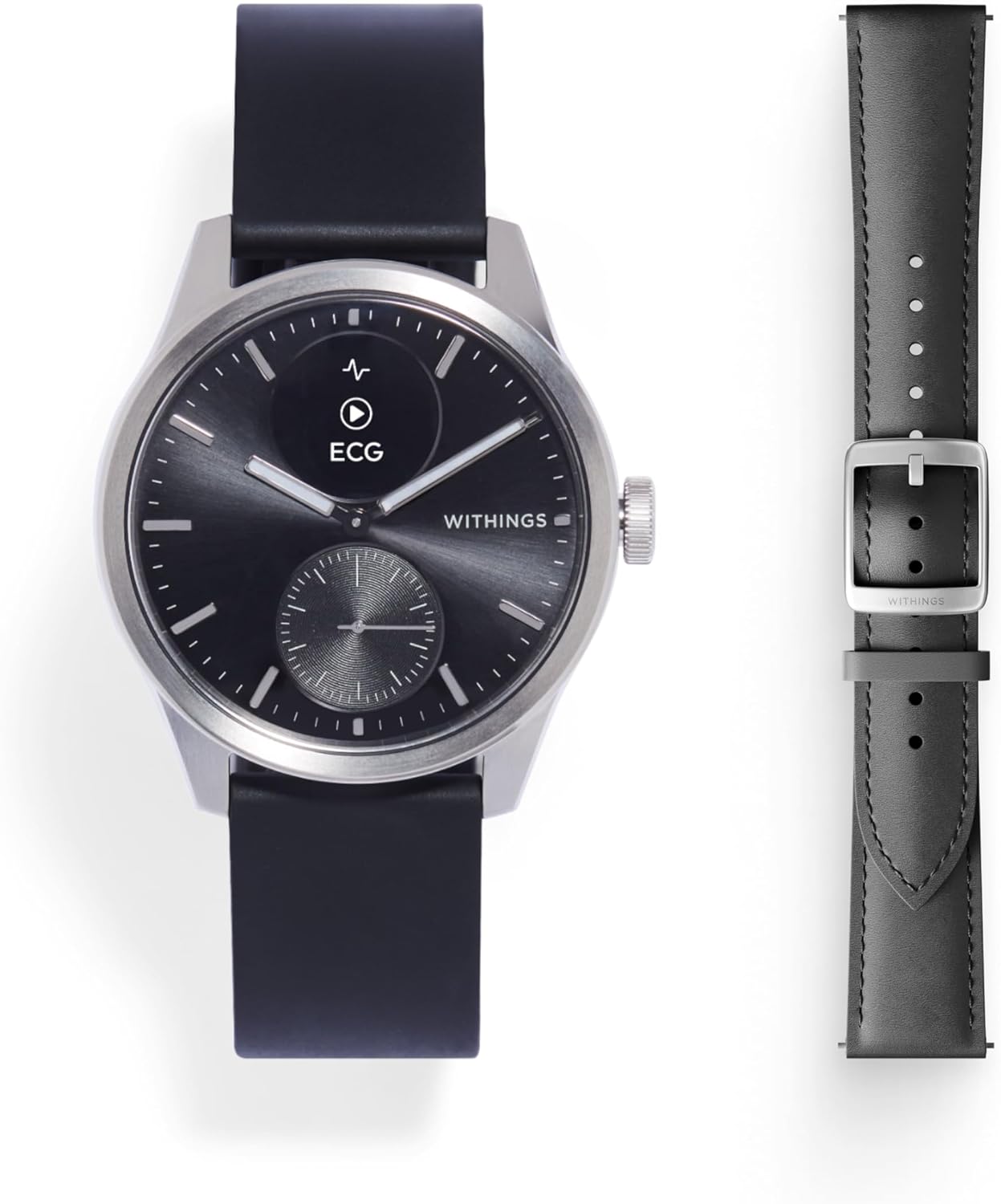 Withings Scanwatch 2 Bundle 42mm Black + Leather Curve Black Silver Buckle Wrist Band