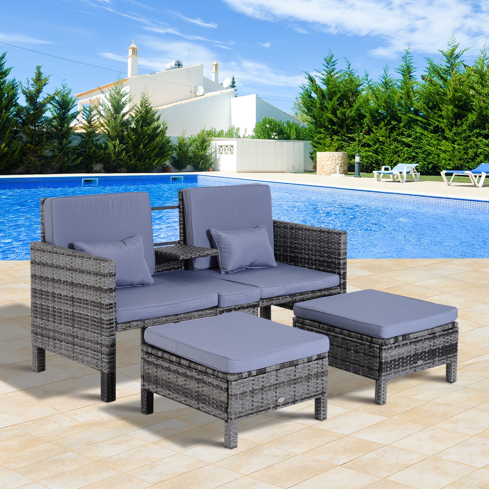 Outsunny Gartengarnitur, Sitzgruppe, 3-tlg., Outdoor-Sofa, 2 Hocker, 2-5 Personen, Sitzkissen, Rattanoptik, grau