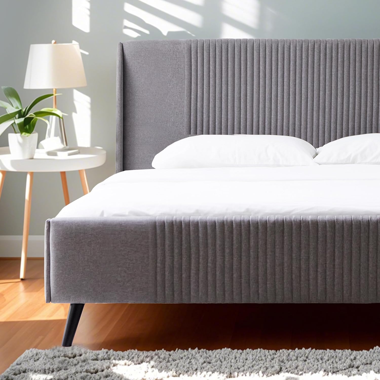 Livinia Sunset King Size Wingback Platform Bed, Fabric Upholstered King Bed Frame with Vertical Channel Tufted Headboard Footboard, Strong Wood Slats, No Box Spring Needed, Gray