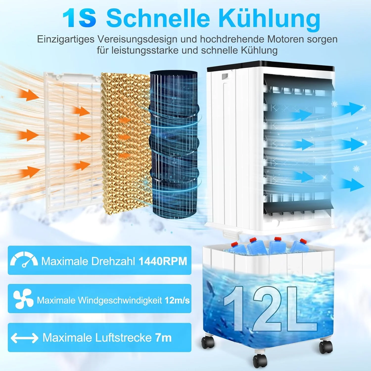 Airconditioner zonder afvoerslang, 12L 60W Mobiele Airconditioner met 12H Timer, 3 Modi, 40dB, 120�� Oscillatie, Afneembare Watertank, Afstandsbediening, Stille Luchtkoeler Air Conditioner voor Woning Kamer Ruimtes