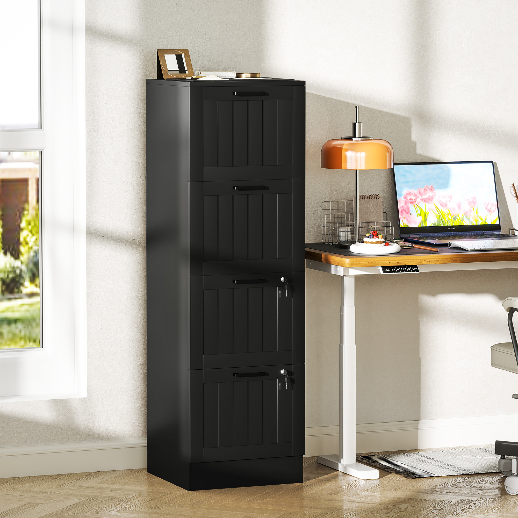 HOMCOM Aktenschrank mit 4 Schubladen mit verstellbarer Schienenführung und 2 Schlössern, aus Holz, 40x40x131 cm, Schwarz