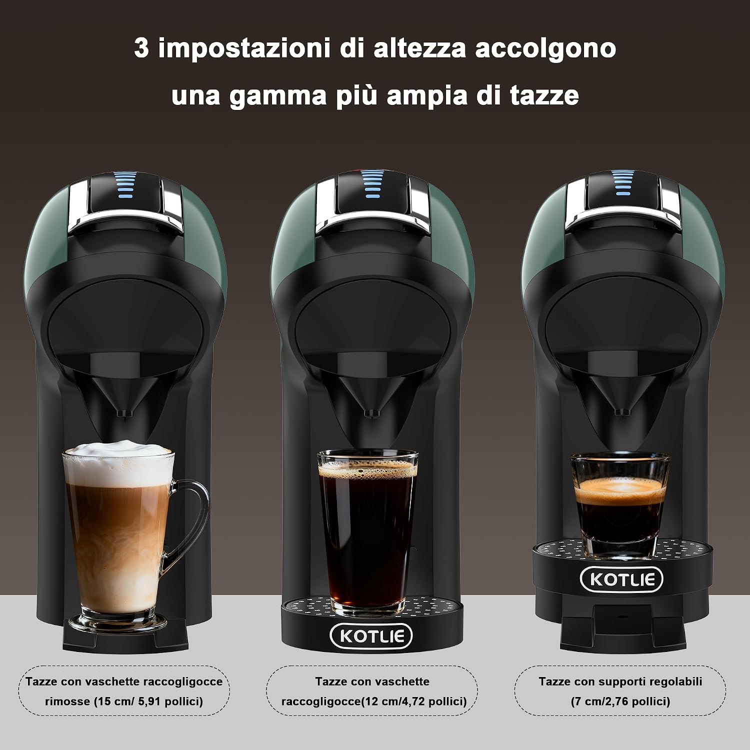 KOTLIE Macchina da caffè multifunzione compatibile con capsule e polvere, 3 tempi, 7 livelli di acqua, serbatoio acqua da 1 L (EM-308B)