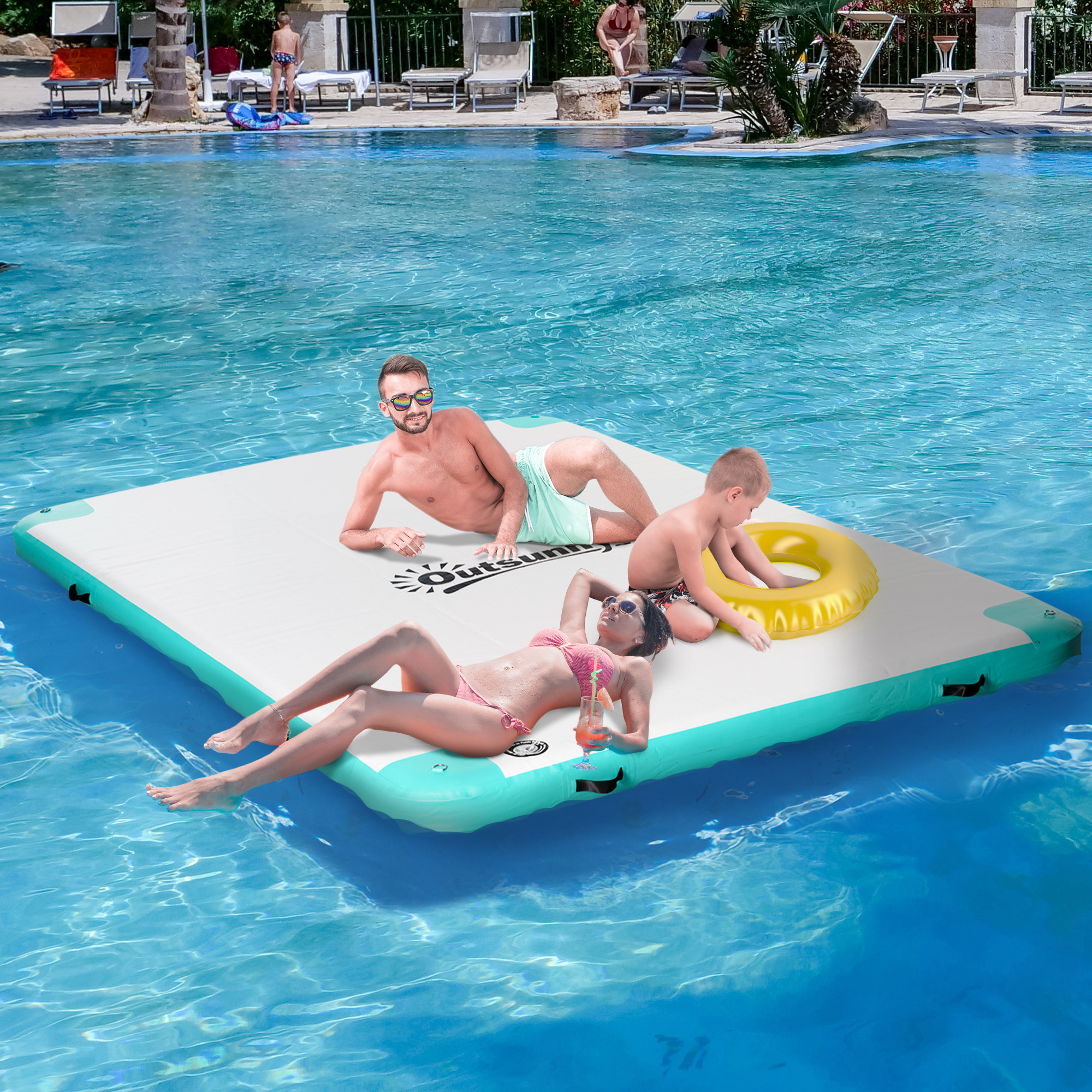 Outsunny Luftmatratze Pool Klappbar Badeinsel Aufblasbare Wasserhängematte Rutschfest Wasser Matratze Pool Spielzeug für Erwachsene Schwimminsel für Pool See 304 x 204 x 15 cm