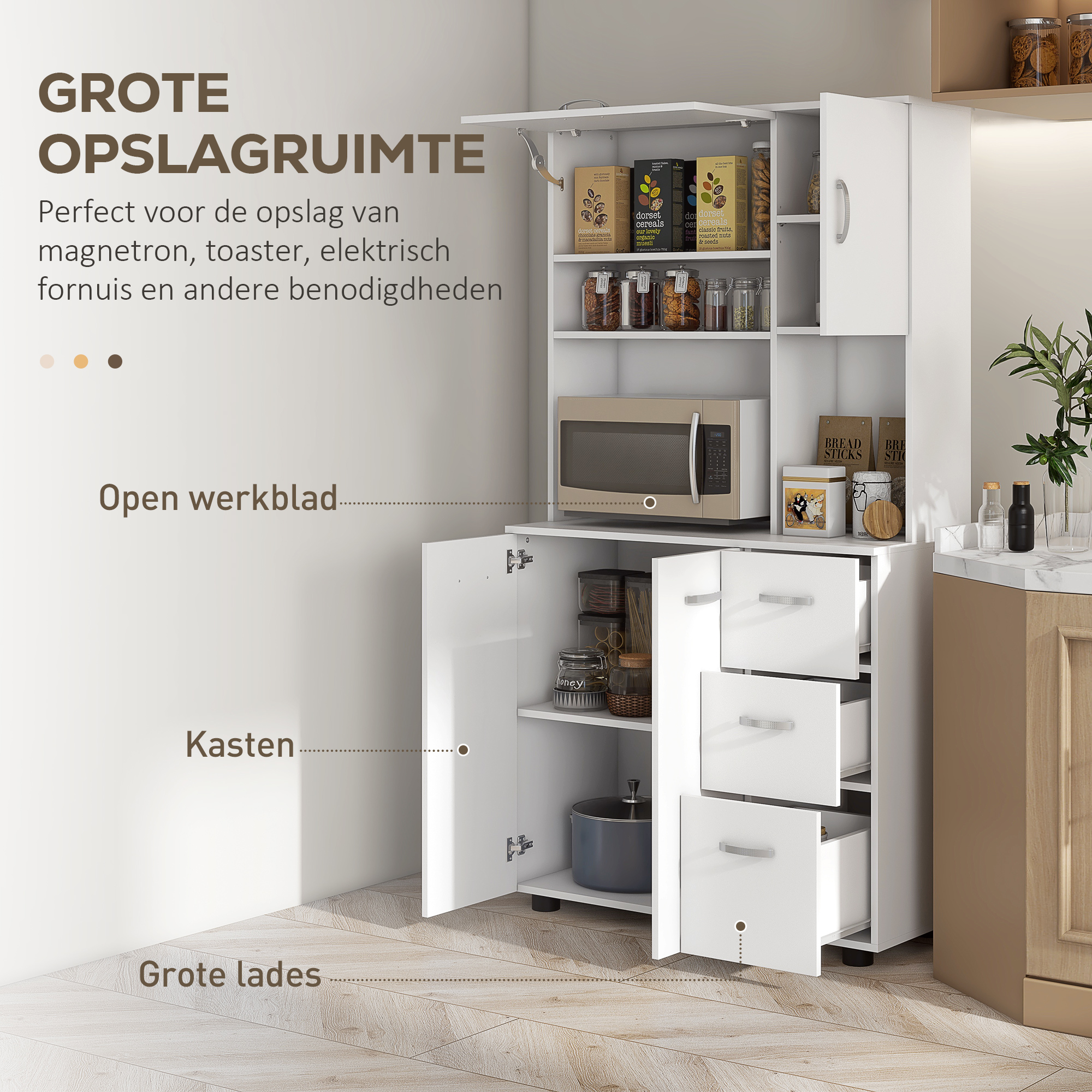 Keukenkast, Buffet, 3 Laden, 3 Planken, Veel Opbergruimte, 89x39,5x168cm, Wit