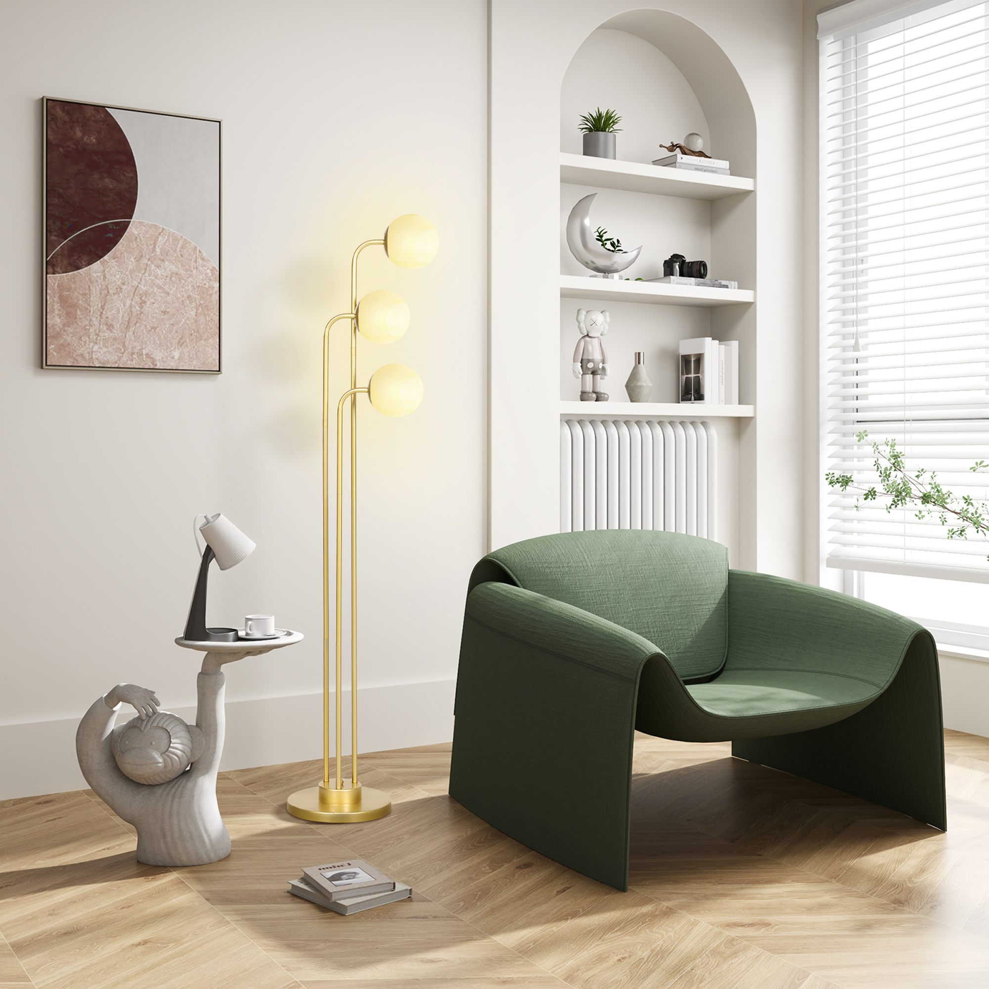 HOMCOM Moderne Stehlampe mit 3 Lampenschirmen, mit Fußschalter, für Wohnzimmer, Schlafzimmer, 3 x E27-Fassung, Goldton