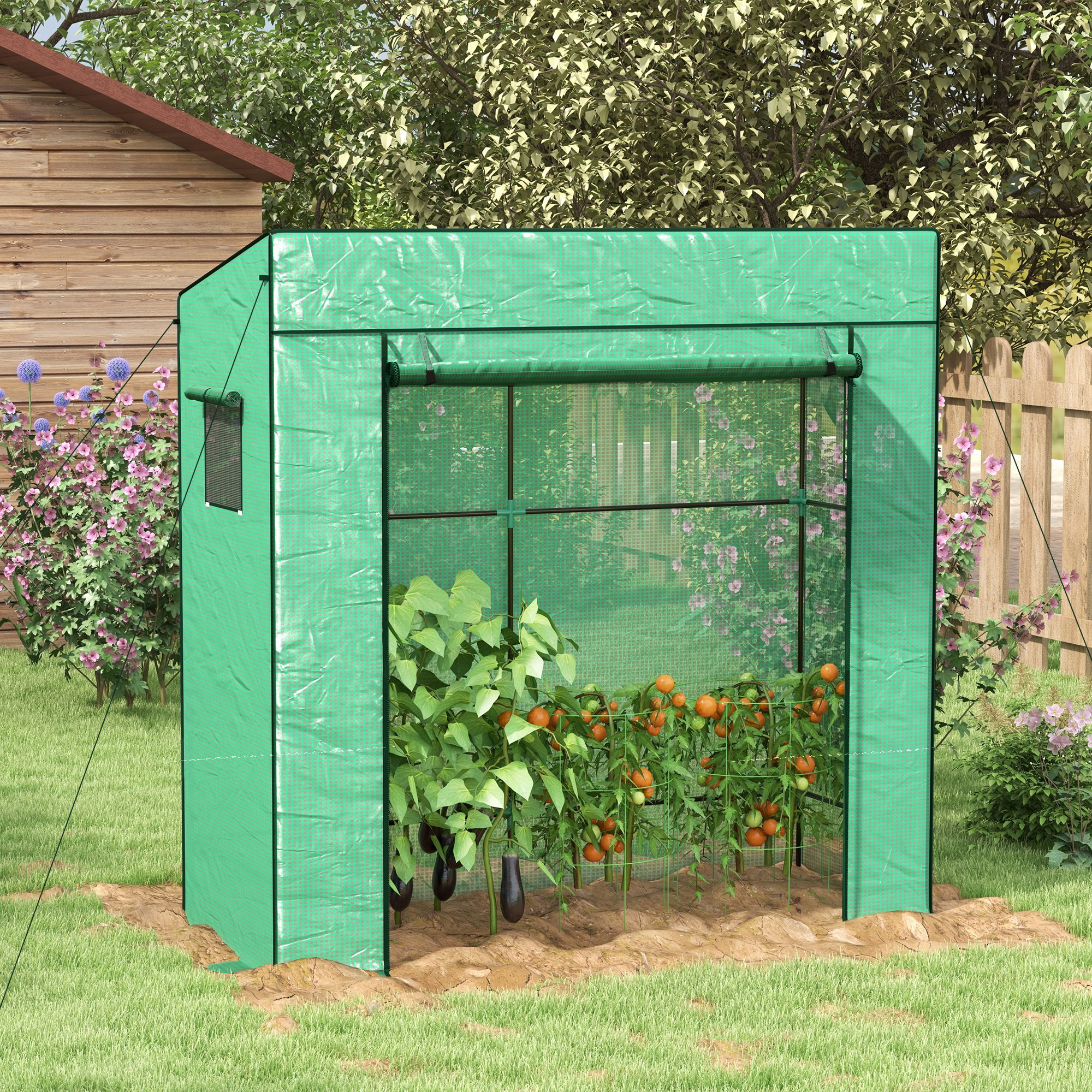 Outsunny Wandmontiertes Garten Gewächshaus mit 1 rollbaren Tür, verstärkter PE-Folie, 2 Fenstern, Abm. 196L x 77B x 197/178H cm