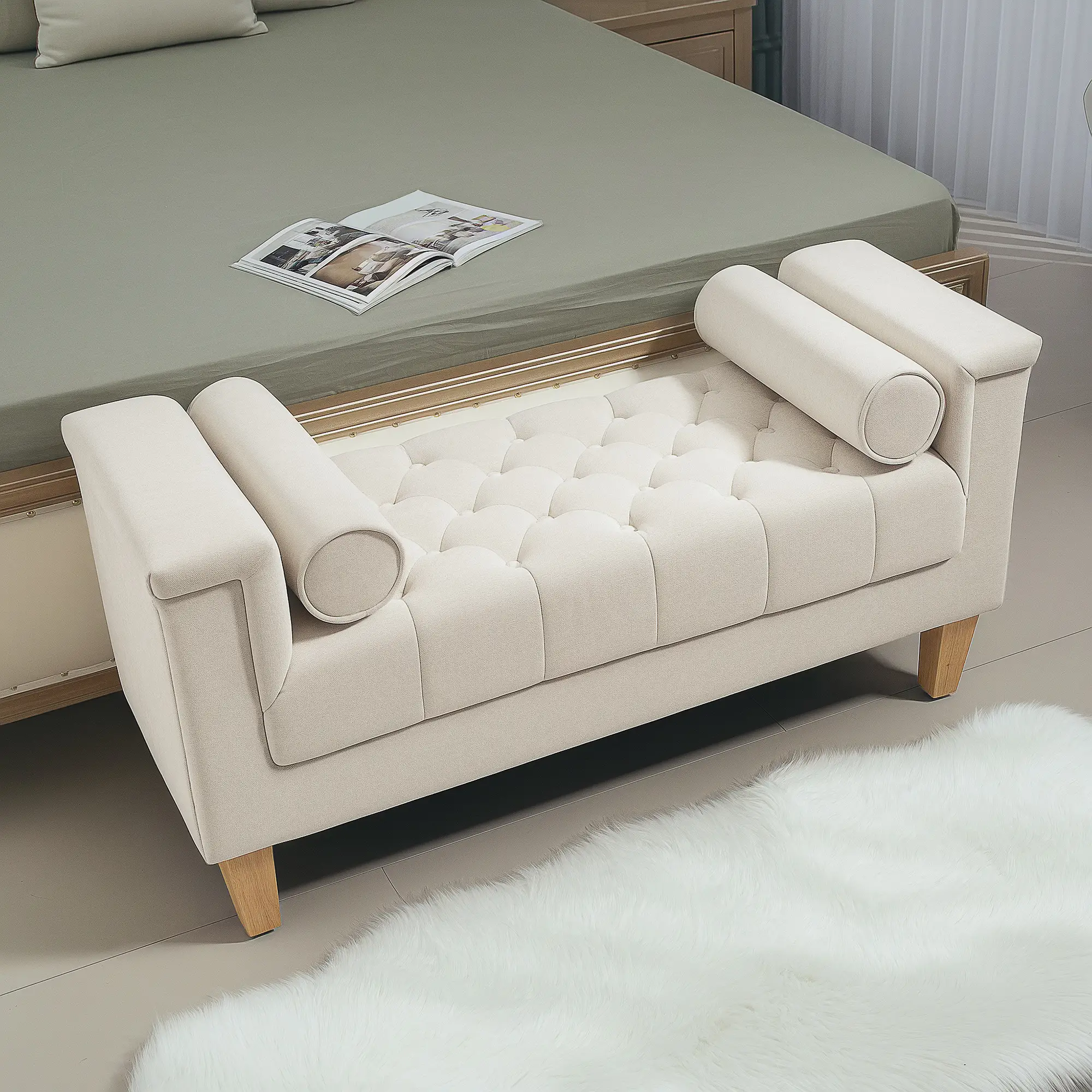 HOMCOM Polsterbank Vintage-Design Chenille Komfort Armlehne Beige