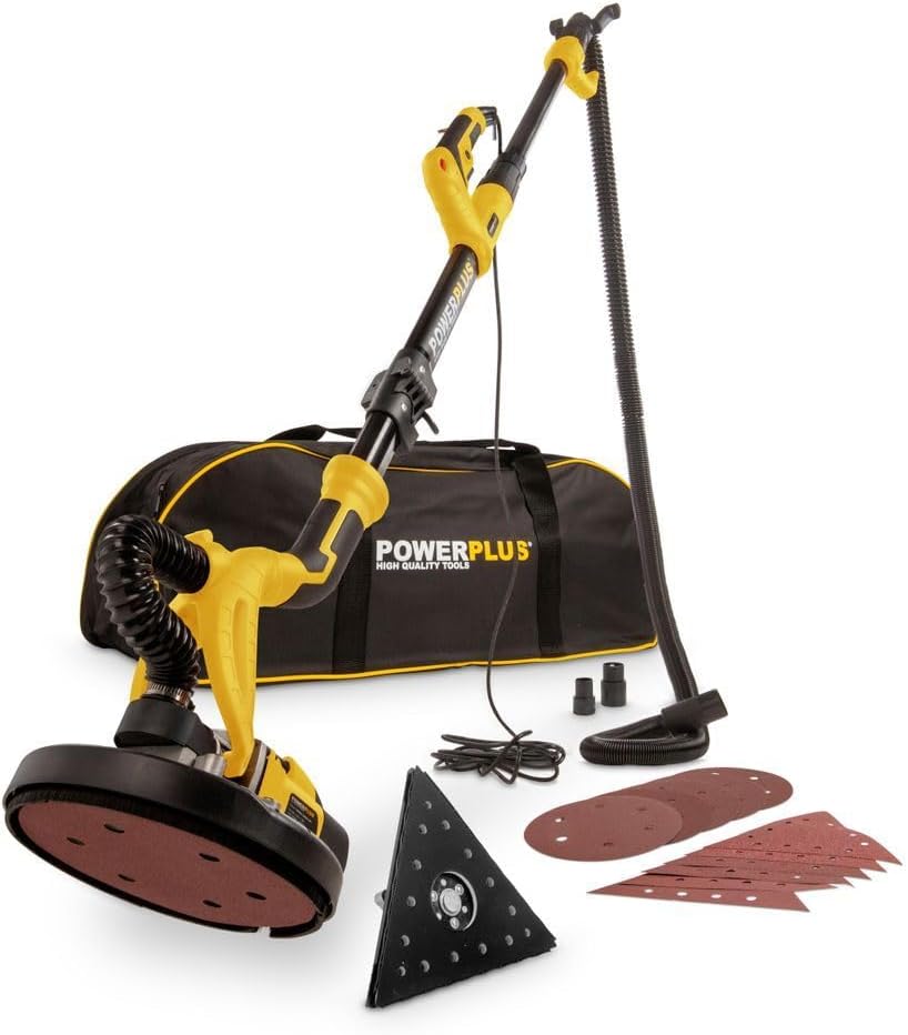Powerplus Elektro-Trockenbauschleifer POWX0477-710W Elektrowerkzeug Schleifmaschine für Trockenbau - Wand und Deckenschleifer Schleifpapier Ø225mm - 1500min-1 - Teleskop - mit 12 Acc.