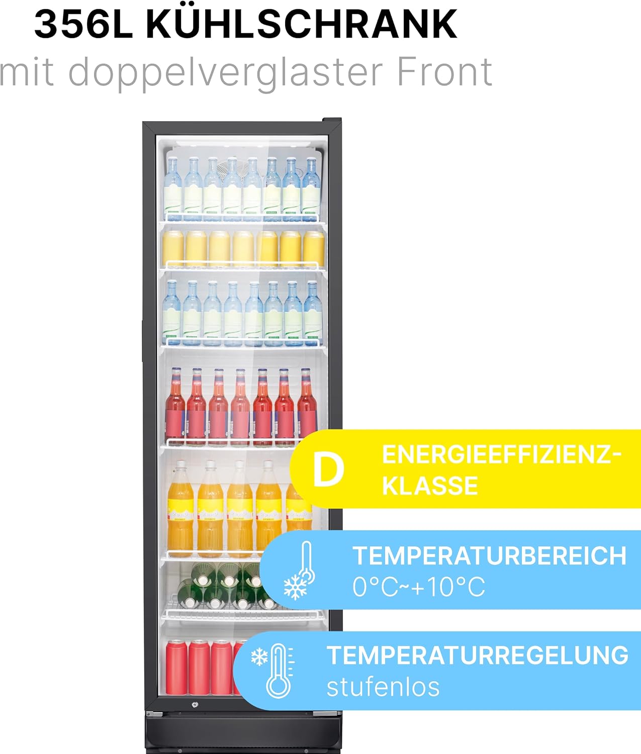 Bomann® Kühlschrank mit Glastür | Getränkekühlschrank abschließbar | 6 höhenverstellbare Ablagen | 30kg je Ablage | 347 Liter | Kühlschrank groß | Flaschenkühlschrank m. LED-Licht | KSG 7351 schwarz