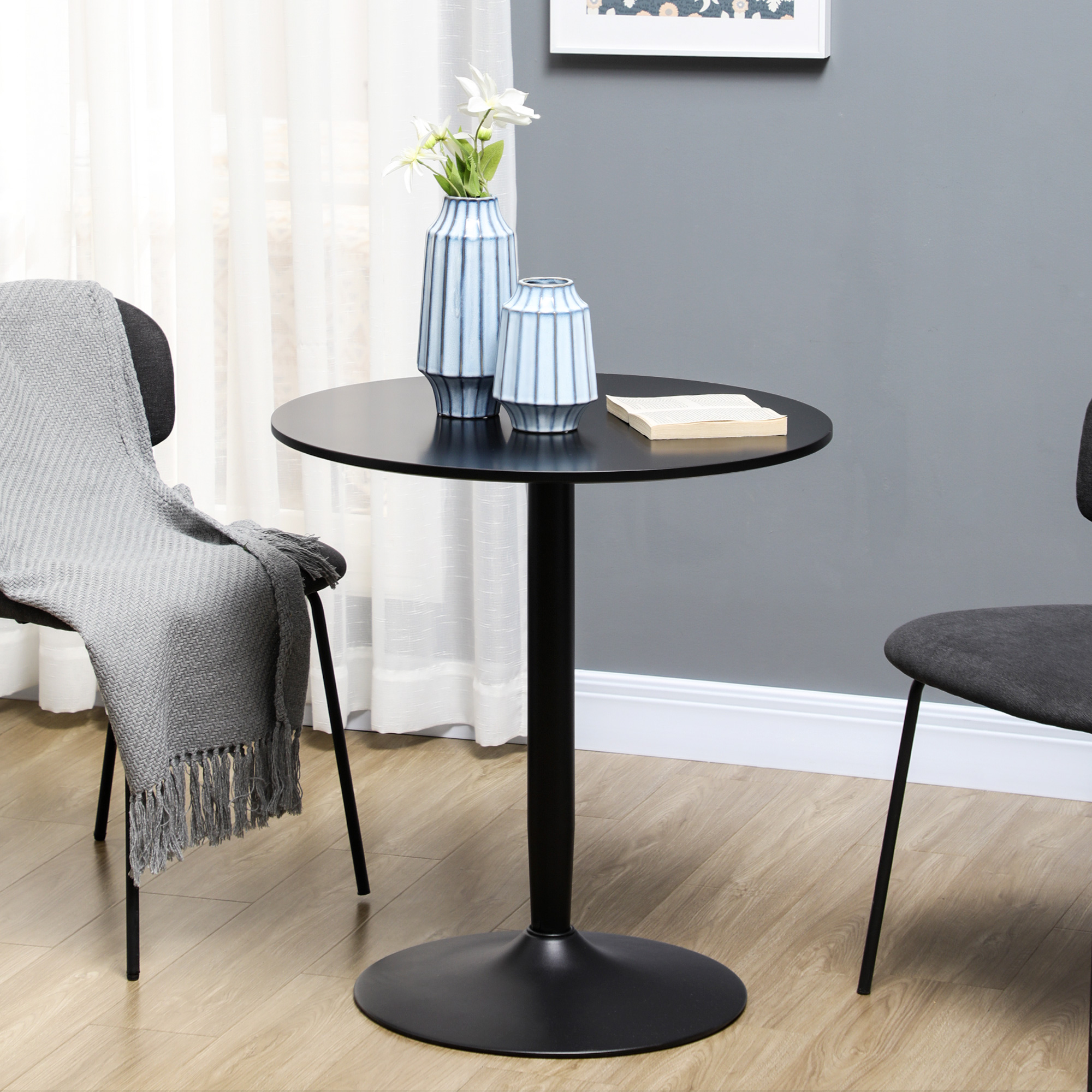 HOMCOM Esstisch für 2 Personen, runde Tischplatte, Stahlfuß, schwarz, 70 x 70 x 75 cm