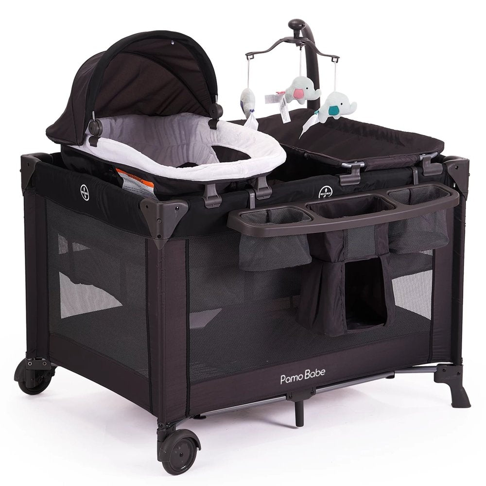 Pamo Babe Nursery Center Playard with Bassinet, Changing Table & Toy Bar, Portable Baby Crib with Wheels