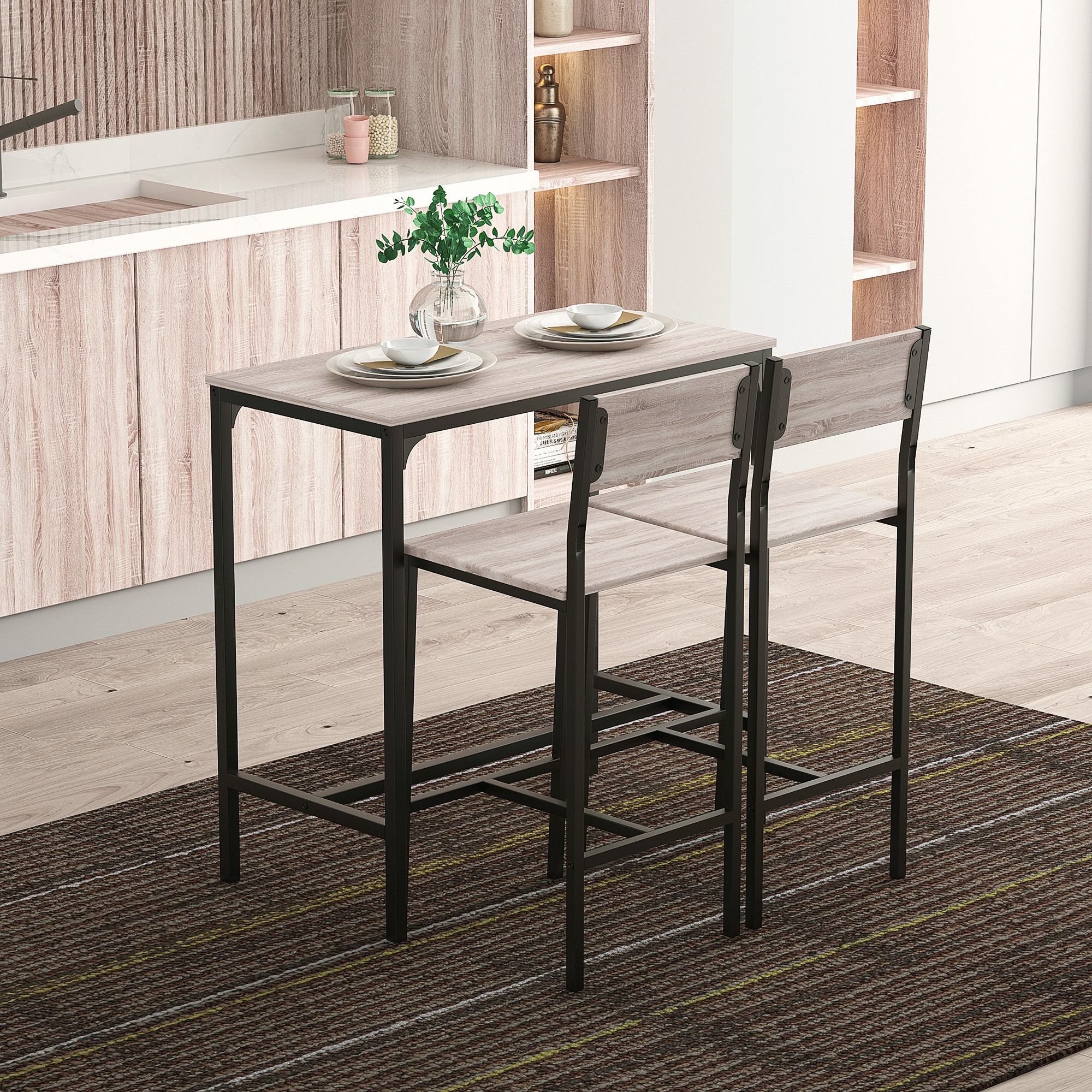 HOMCOM Bartisch Set Bartisch mit Barhocker-Set Esstisch mit 2 Stühlen mit Rückenlehne Küchentisch für Esszimmer, Küche, Natur+Schwarz