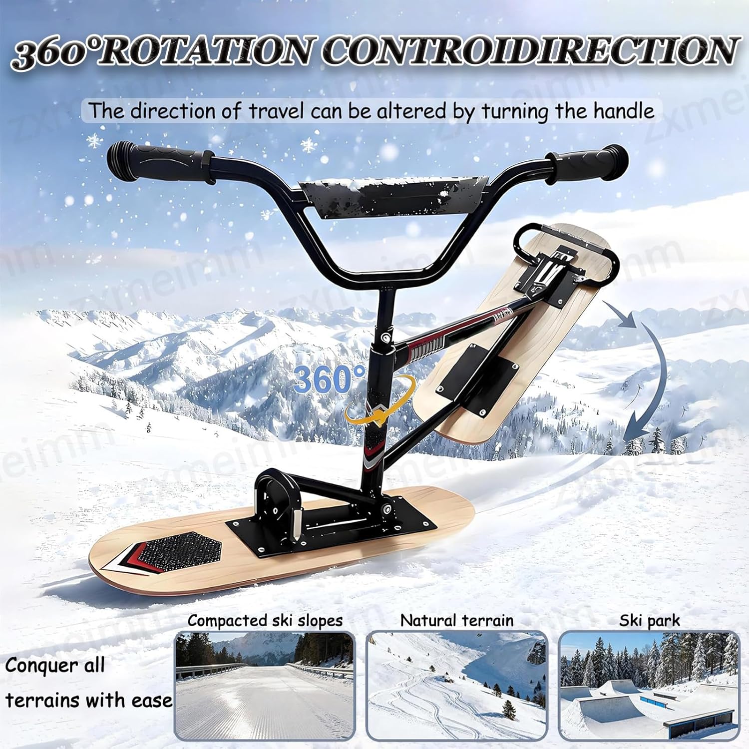 Professioneller Schneescooter für Erwachsene,360°-Lenk-Snowboard-Schlitten mit Aluminiumrahmen, 150 kg Traglast, All-Terrain-Performance für Wintersportbegeisterte Black
